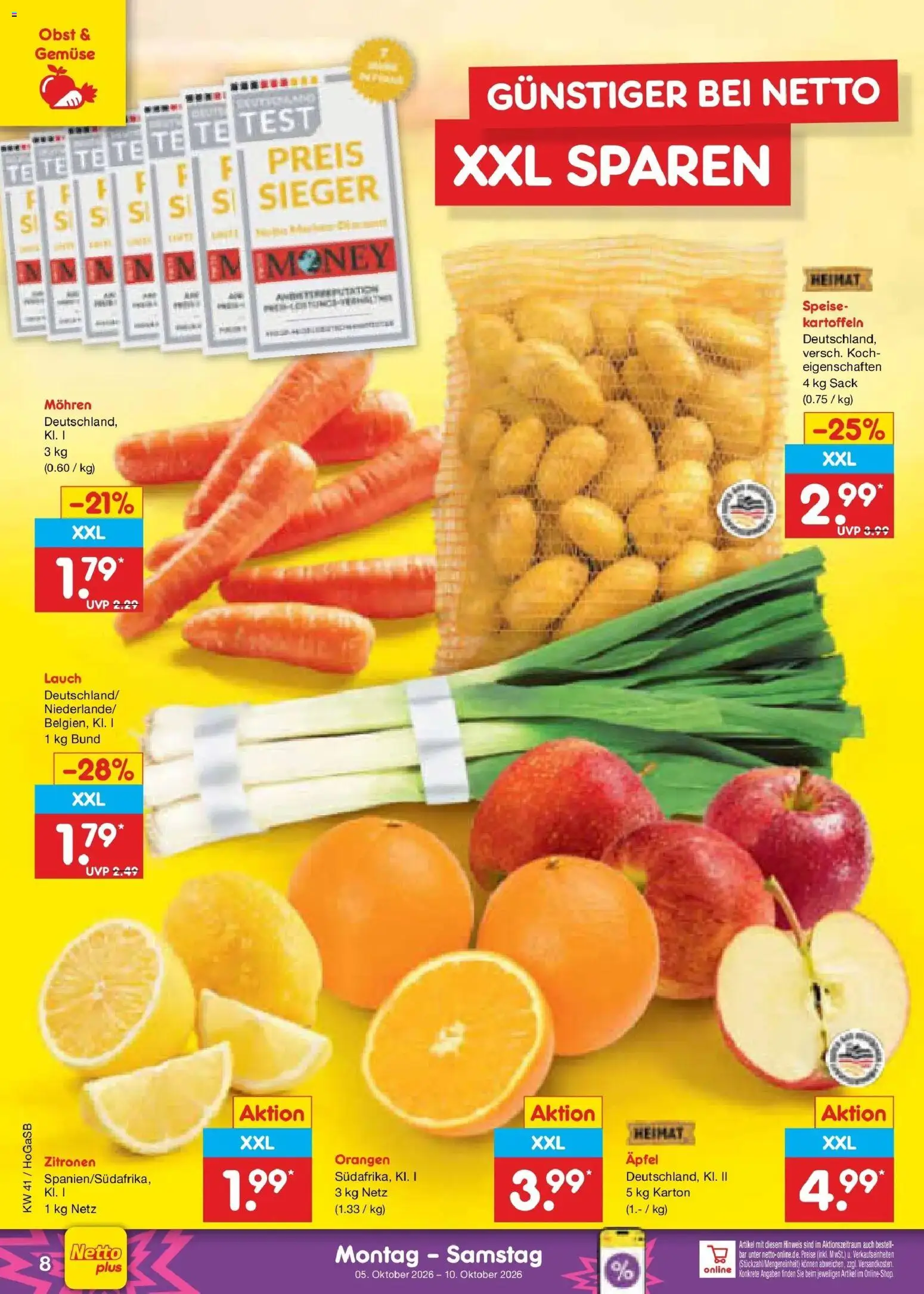 Netto Marken-Discount Prospekt Oldenburg (ab 05.10.2026) » Angebote | Seite: 8 | Produkte: Orangen, Gemüse, Obst, Zitronen