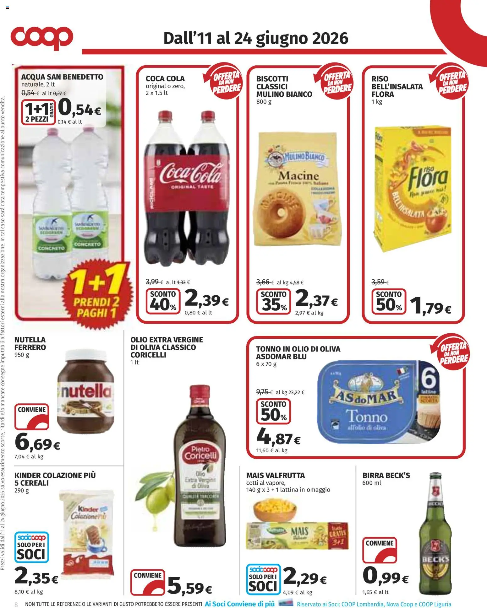 Volantino COOP del 11.06.2026 | Pagina: 8 | Prodotti: Biscotti, Mais, Coca Cola, Olio di Oliva