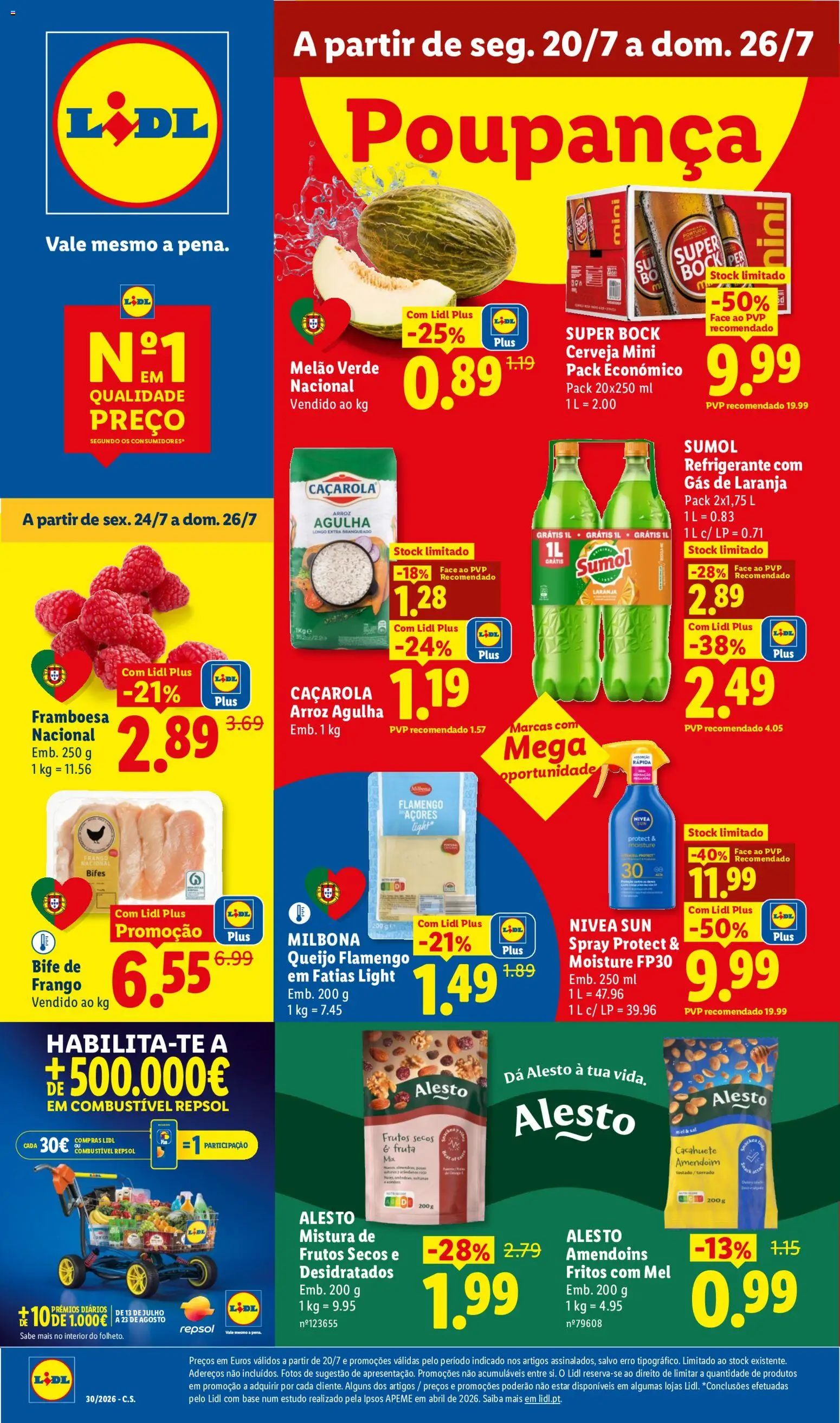 Lidl folheto │ válido de 20/07/2026 | Página: 1 | Produtos: Amendoins, Cerveja, Arroz, Bife