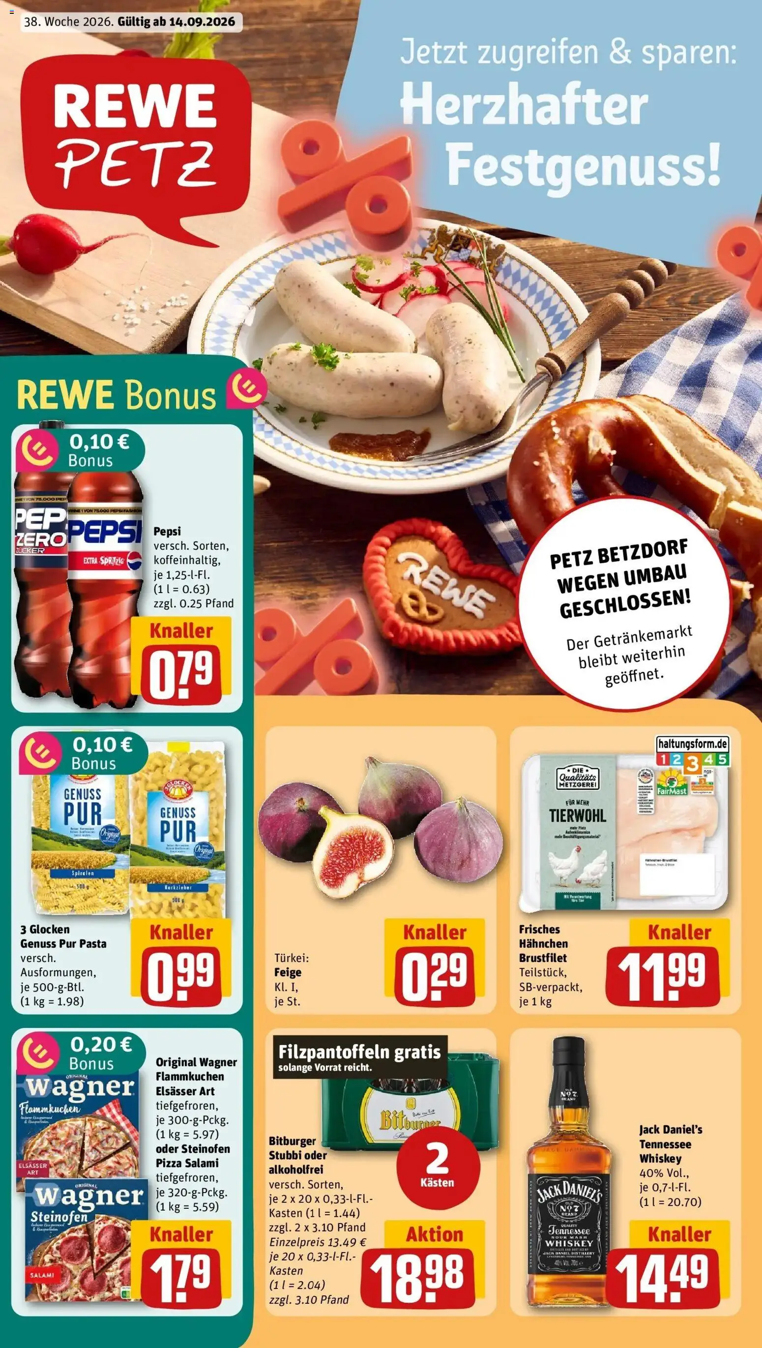 REWE Prospekt ab 14.09.2026 zum Blättern » Angebote | Seite: 3 | Produkte: Jack Daniel's, Pasta, Salami, Whiskey