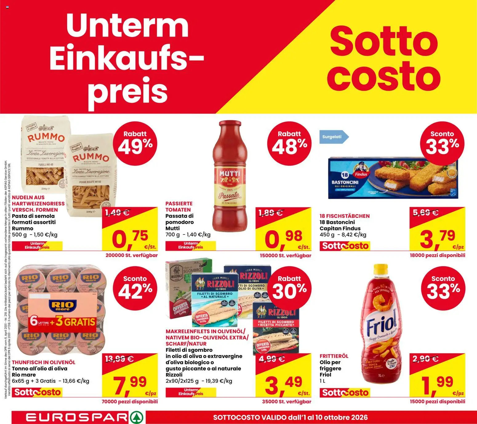 Volantino Eurospar del 01/10/2026 | Pagina: 4 | Prodotti: Rummo, Tonno, Mutti, Semola