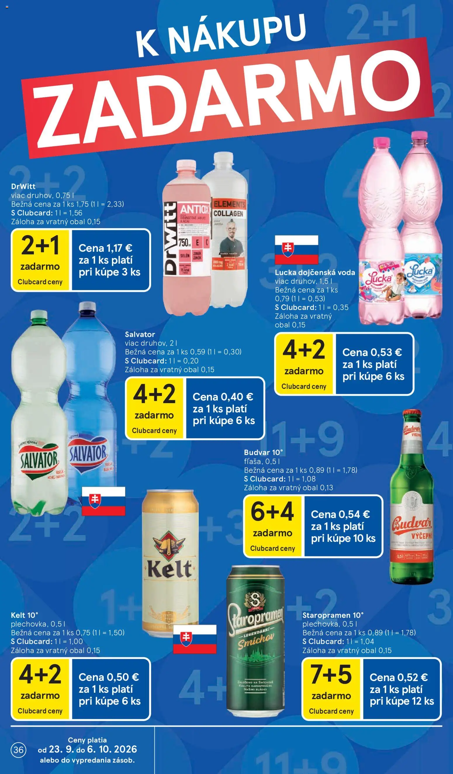 Nové Tesco akcie – leták je platný od 23.09.2026 | Strana: 36 | Produkty: Kelt, Lucka, Voda, Dojčenská voda