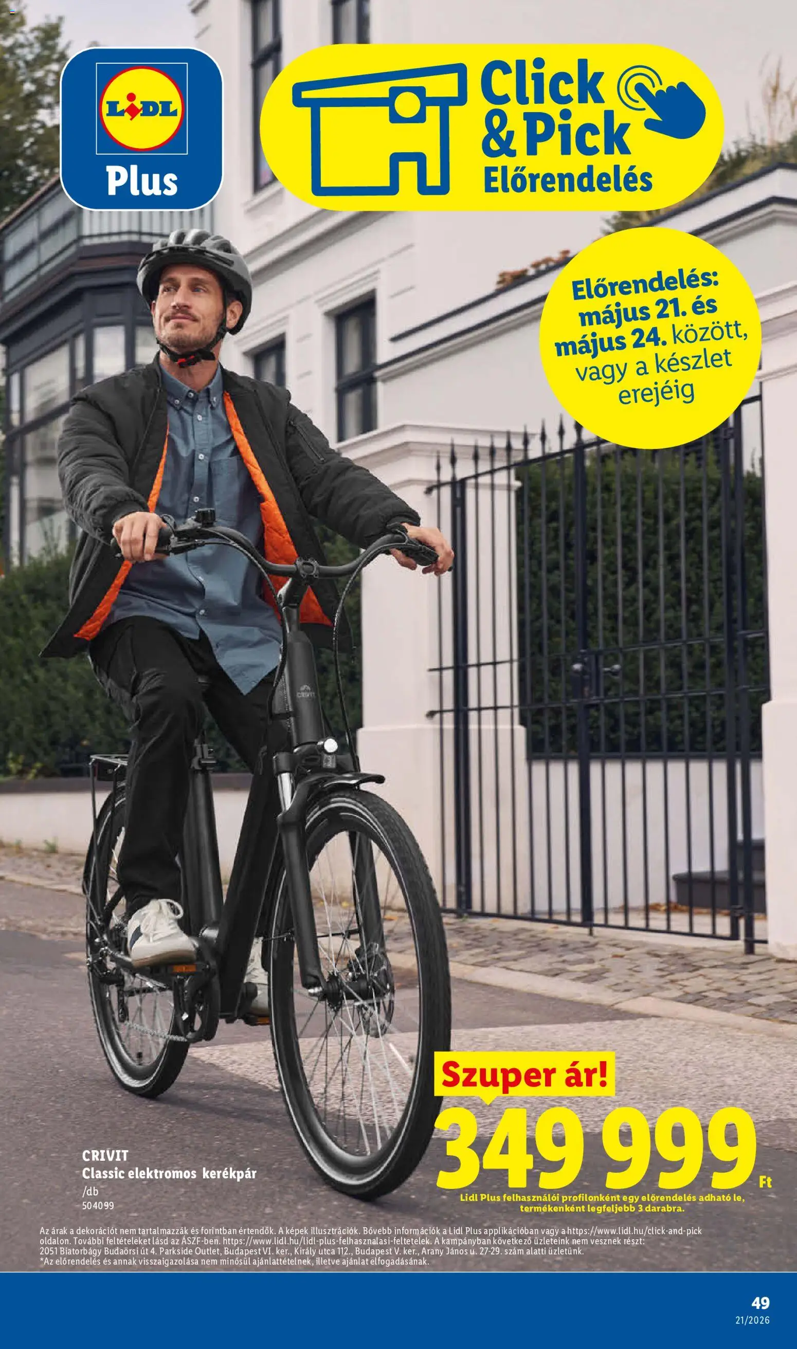 Lidl akciós ujság - amely érvényes a következő dátumtól: 21.05.2026 | Oldal: 49 | Termékek: Parkside, Pick, Elektromos kerékpár, Kerékpár