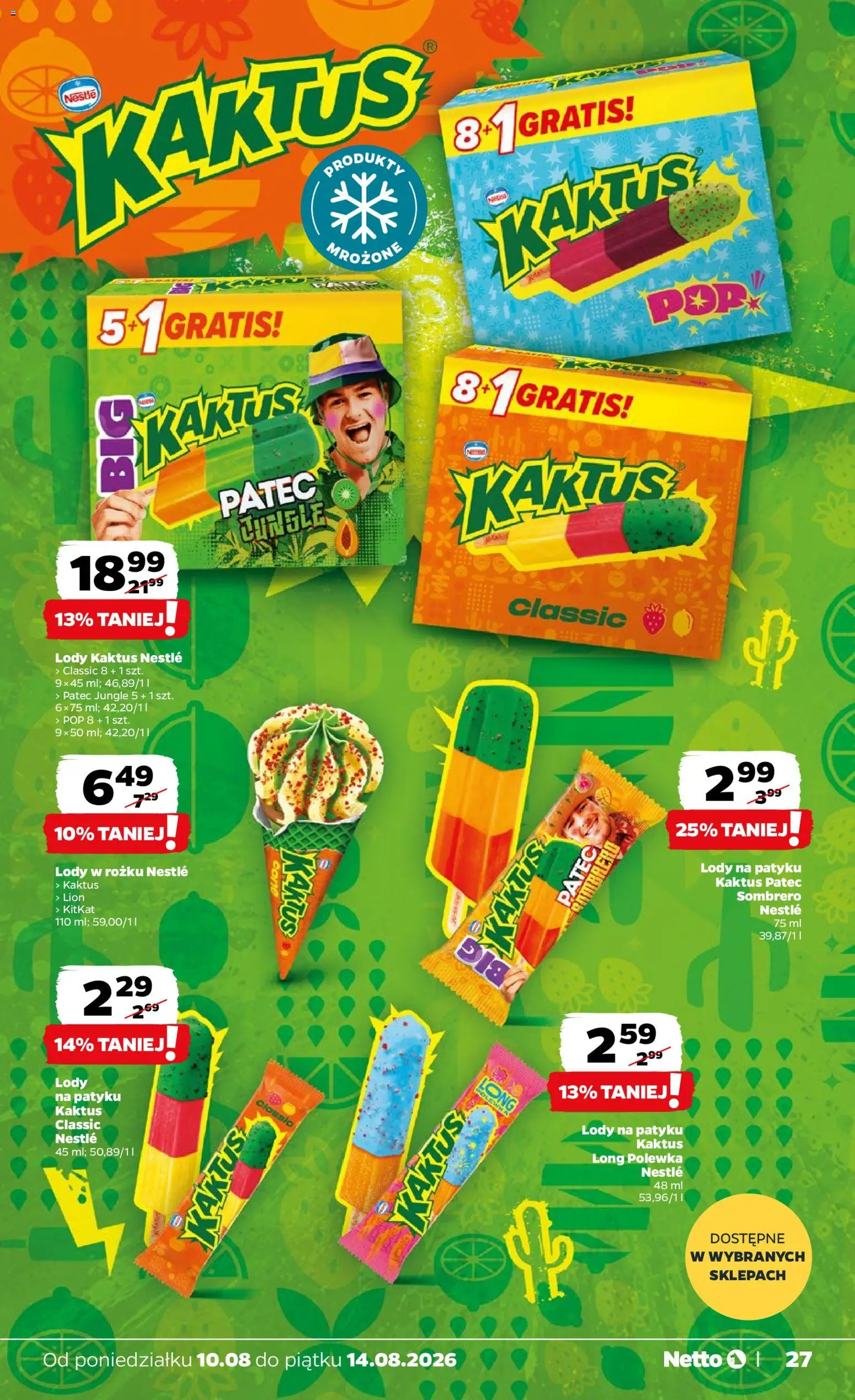Netto gazetka od poniedziałku od 10.08.2026 | Strona: 27 | Produkty: Lody na patyku, Lody Kaktus, Lody