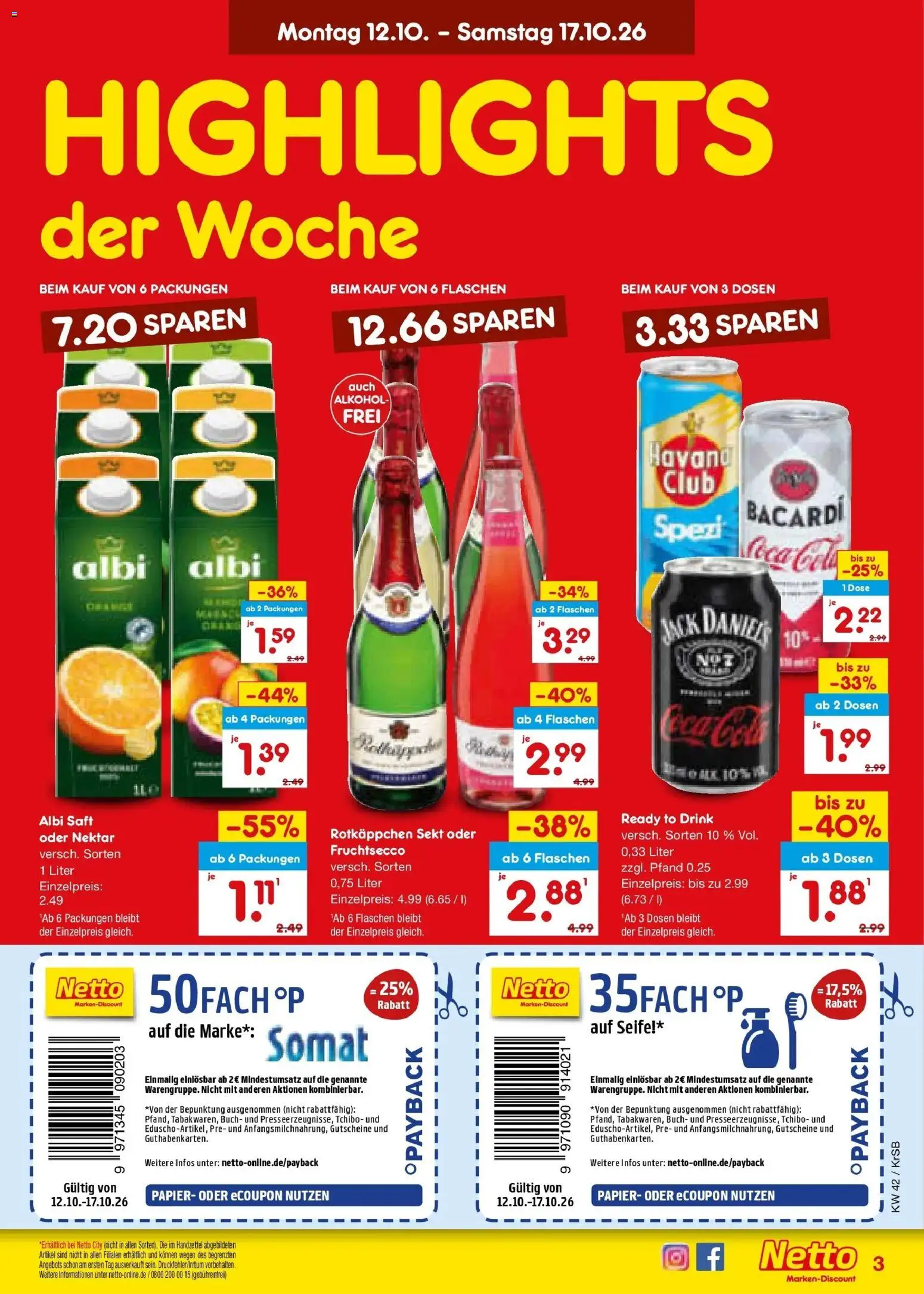 Netto Marken-Discount Prospekt Baesweiler (ab 12.10.2026) » Angebote | Seite: 3 | Produkte: Rotkappchen sekt, Bacardi, Cola, Seife