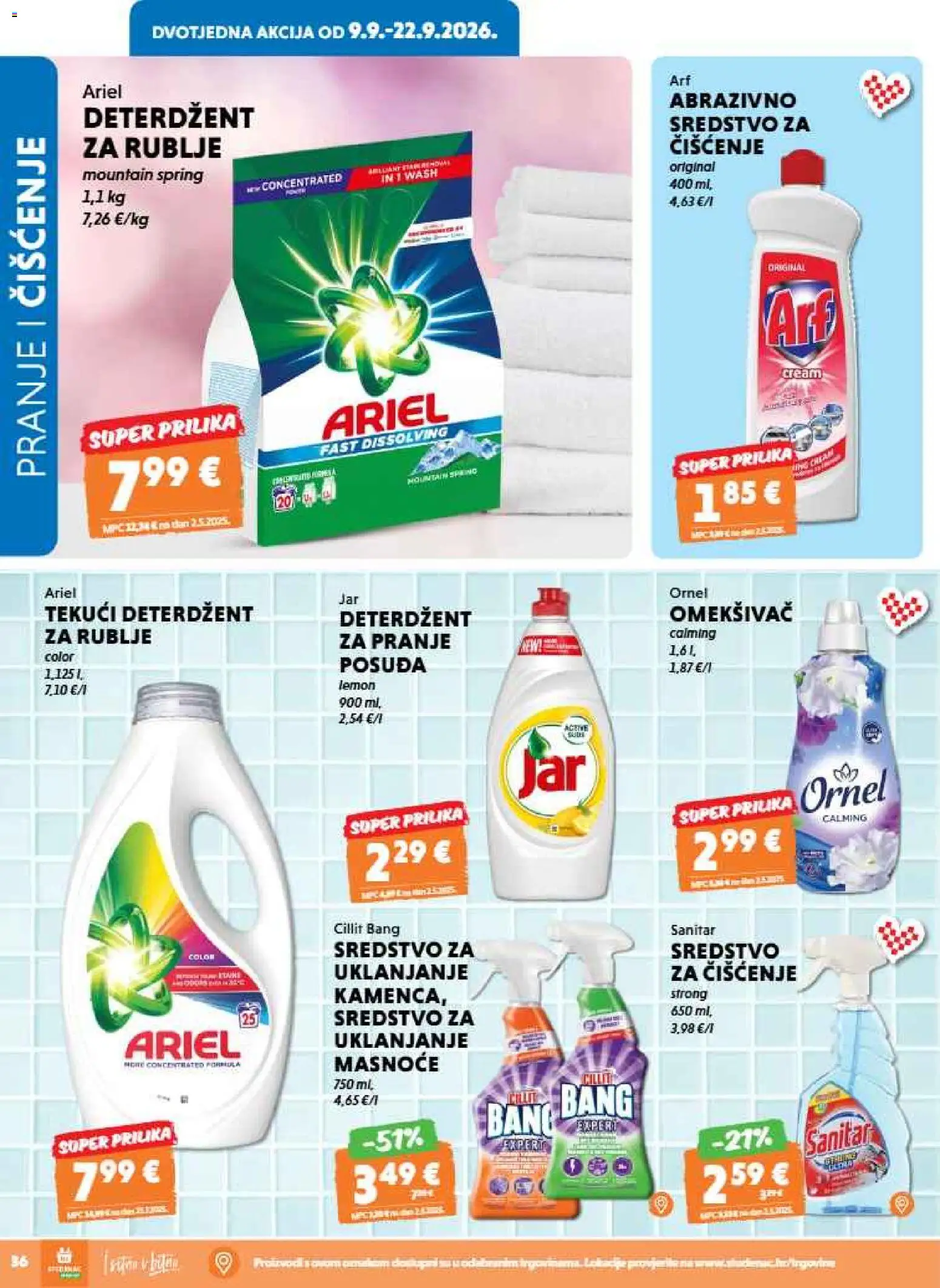 Studenac katalog | vrijedi od 09.09.2026 | Stranica: 36 | Proizvodi: Omekšivač, Deterdžent, Tekući deterdžent, Ariel
