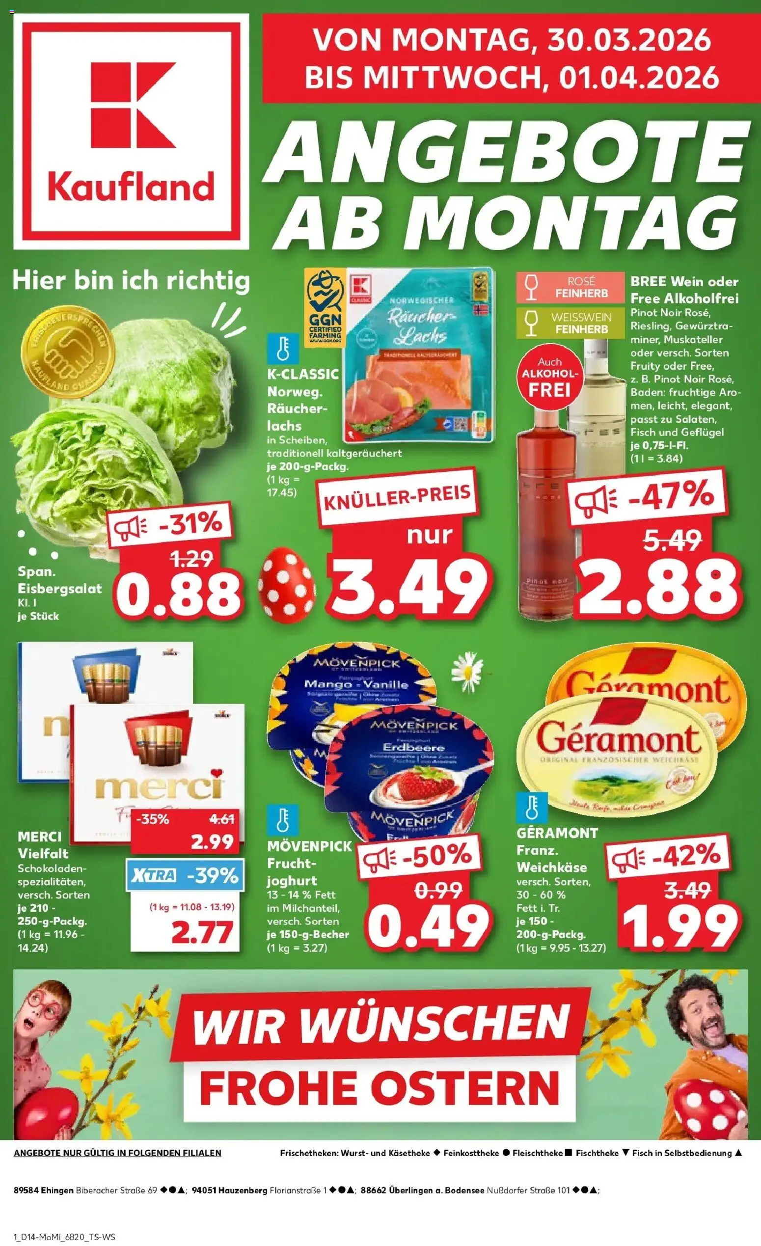 Kaufland Prospekt Überlingen	 – gültig ab 30.03.2026 | Seite: 1 | Produkte: Bree, Eisbergsalat, Fisch, Wein