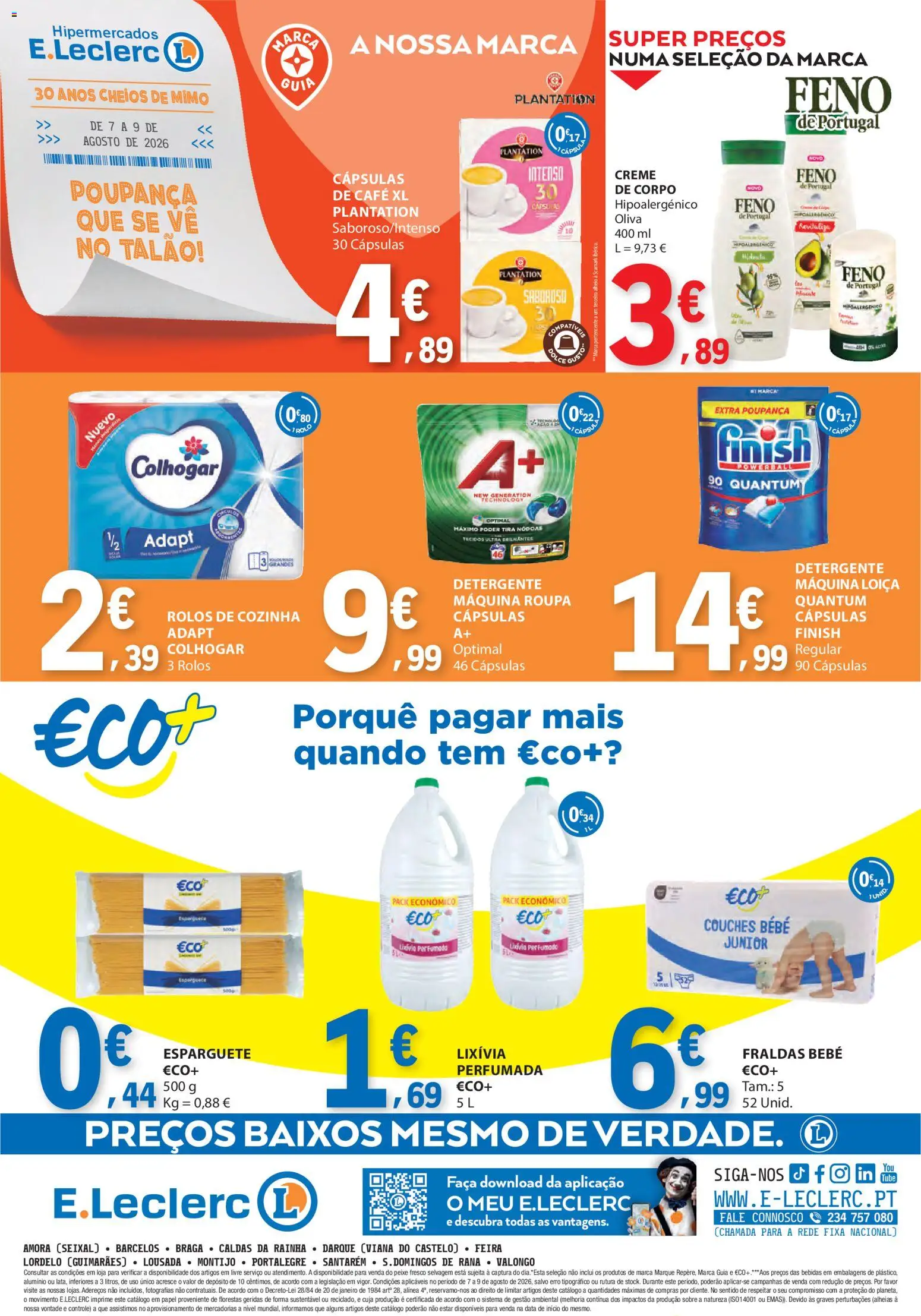 E.Leclerc Catálogo Fim de Semana │ válido de 07/08/2026 | Página: 4 | Produtos: Fraldas, Bebidas, Cápsulas, Creme