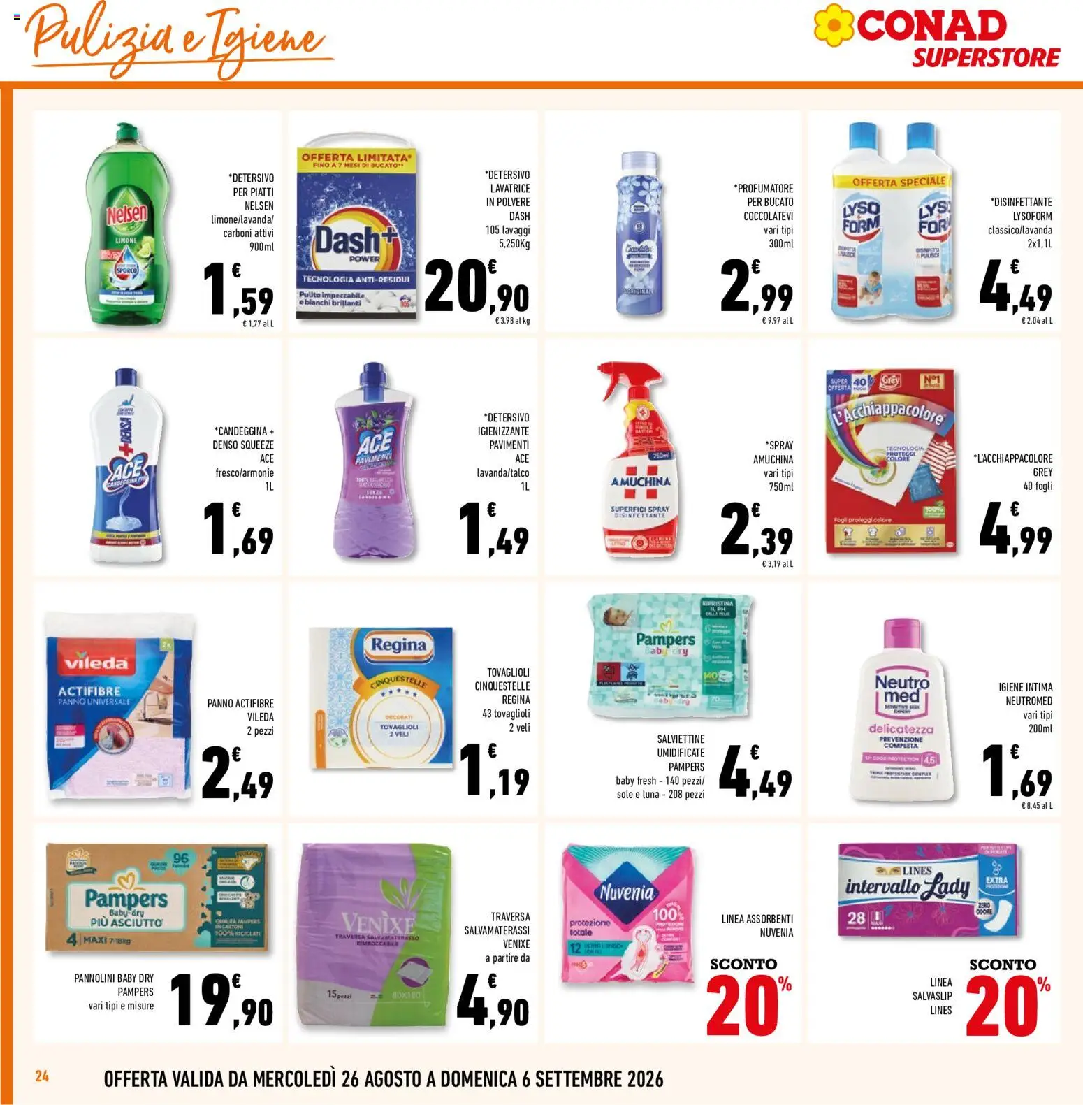 Volantino Conad del 26/08/2026 | Pagina: 24 | Prodotti: Candeggina, Pampers, Assorbenti, Salvaslip