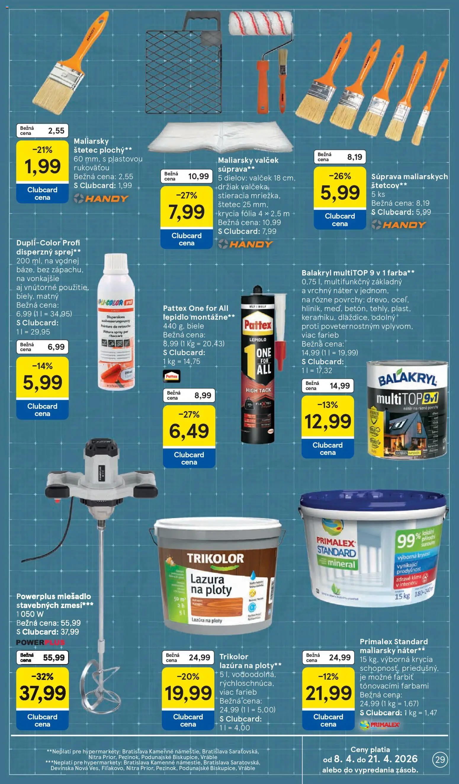 Nové Tesco akcie – leták je platný od 08.04.2026 | Strana: 29 | Produkty: Klíma, Mixér, Štetec, Primalex