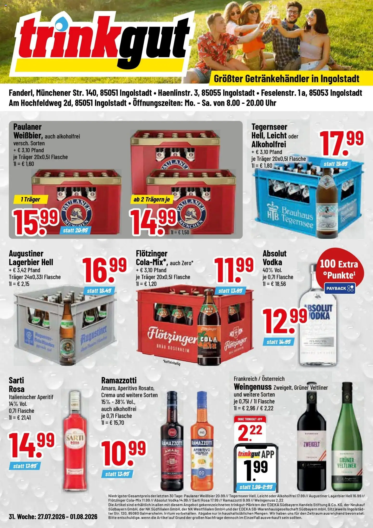 Trinkgut Prospekt Ingolstadt – gültig ab 27.07.2026 | Seite: 1 | Produkte: Weißbier, Vodka, Ramazzotti, Uhr