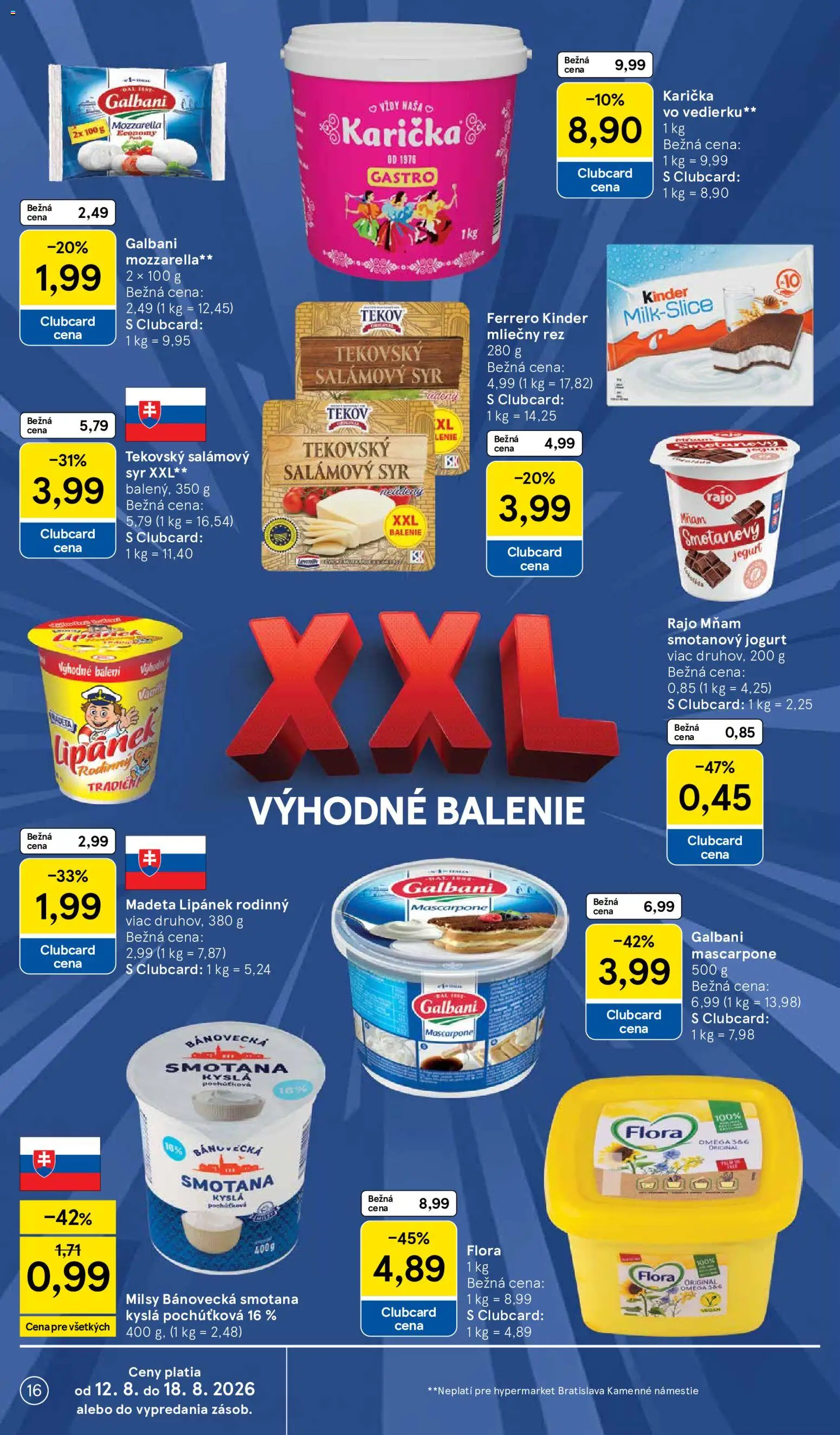 Nové Tesco akcie – leták je platný od 12.08.2026 | Strana: 16 | Produkty: Jogurt, Bageta, Mascarpone, Flora