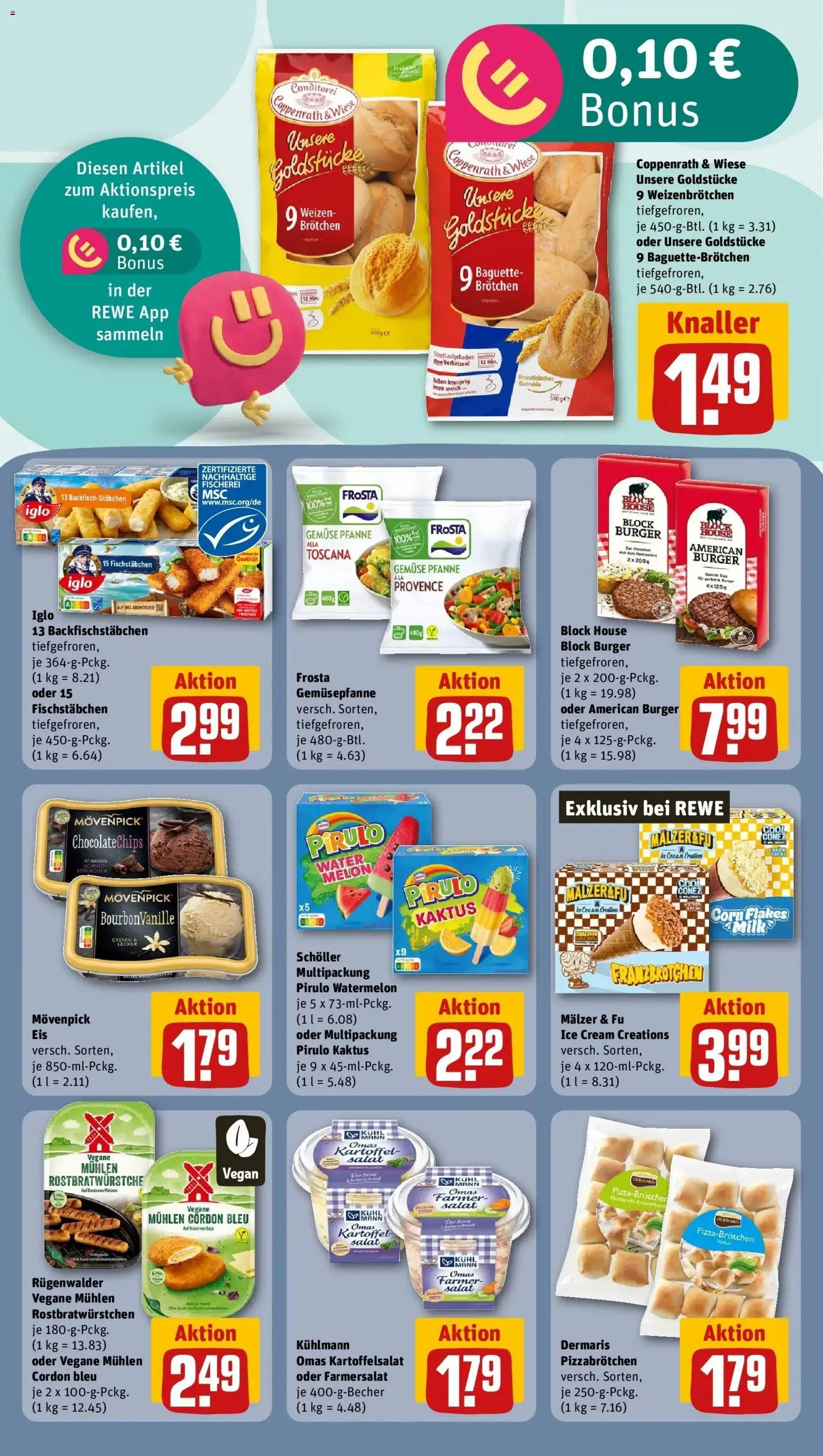 REWE Prospekt ab 10.08.2026 zum Blättern » Angebote | Seite: 16 | Produkte: Mozzarella, Iglo, Fischstabchen, Getreide