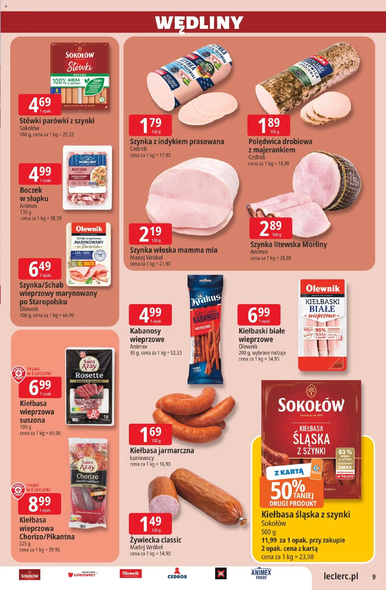 E.Leclerc gazetka - Wrocław od 16.06.2026 | Strona: 9 | Produkty: Schab wieprzowy, Parówki z szynki, Kabanosy, Kiełbaski