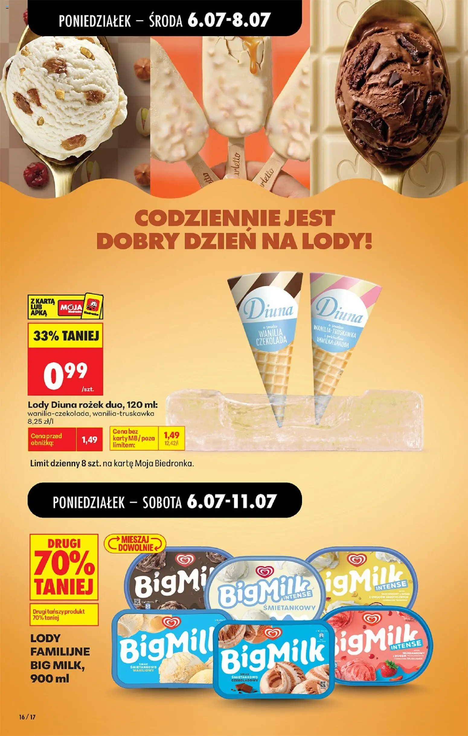 Biedronka gazetka od poniedziałku od 06.07.2026 | Strona: 18 | Produkty: Karta, Big Milk, Czekolada, Lody Diuna