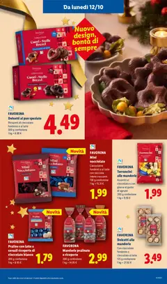 Anteprima del volantino Torroncini alle mandorle, Assortiti al cioccolato o con glassa al gusto di agrumi, 200 g confezione, 1 kg = 9.95 € valido a partire dal 08/10/2026 | Pagina: 47