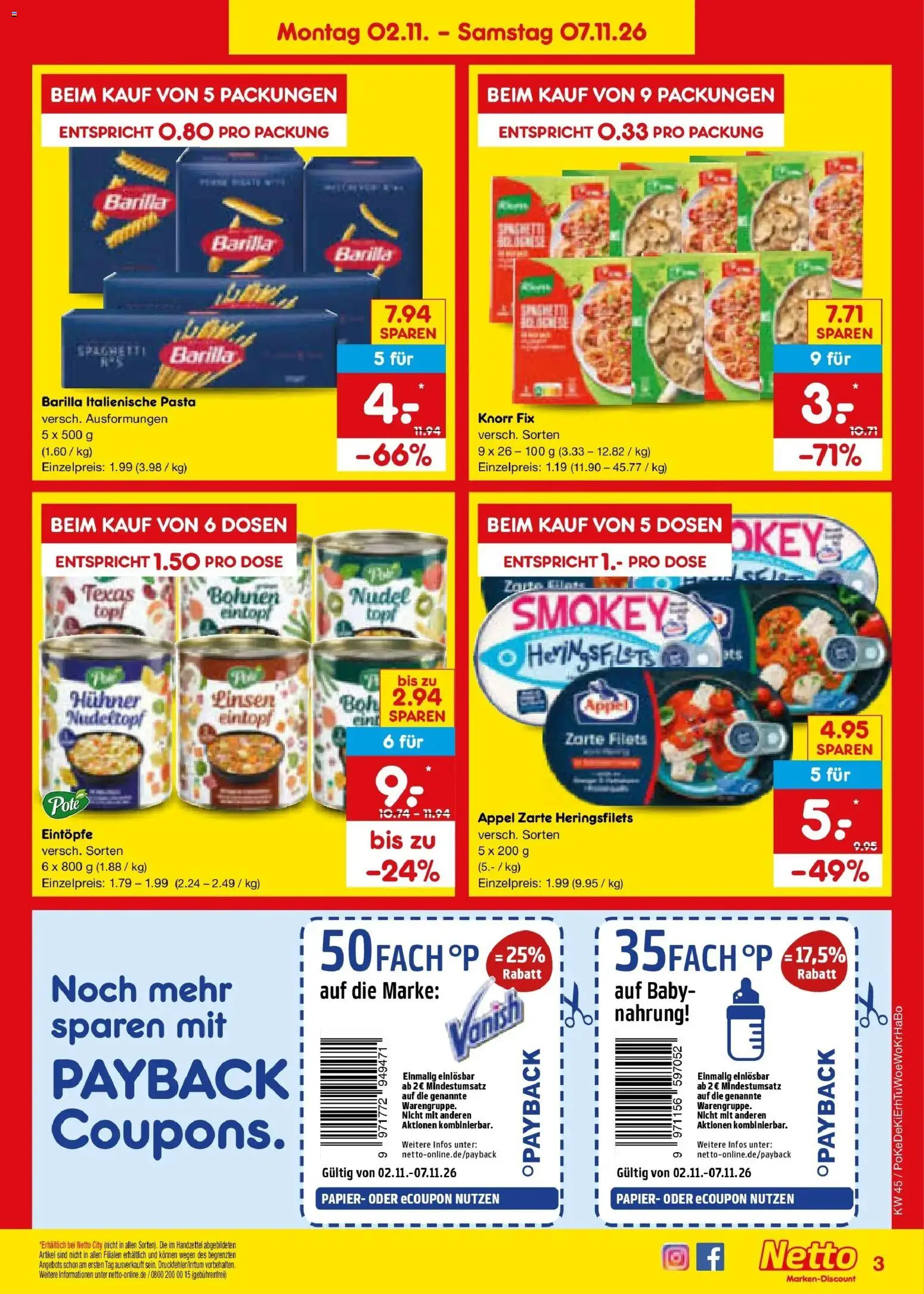 Netto Marken-Discount Prospekt Unna – gültig ab 02.11.2026 | Seite: 3 | Produkte: Knorr fix, Barilla, Knorr, Pasta