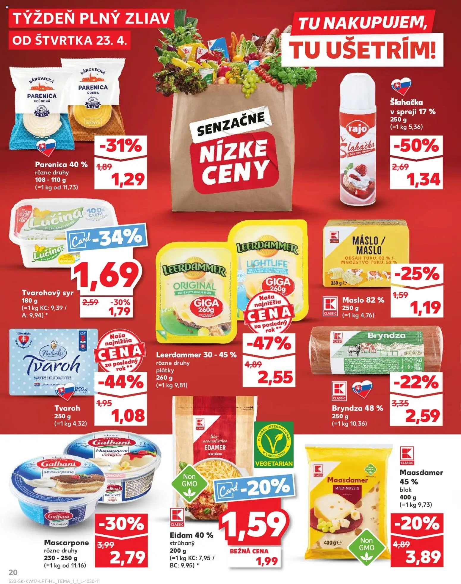 Nové Kaufland akcie – leták je platný od 23.04.2026 | Strana: 20 | Produkty: Maslo, Syr, Eidam, Šľahačka