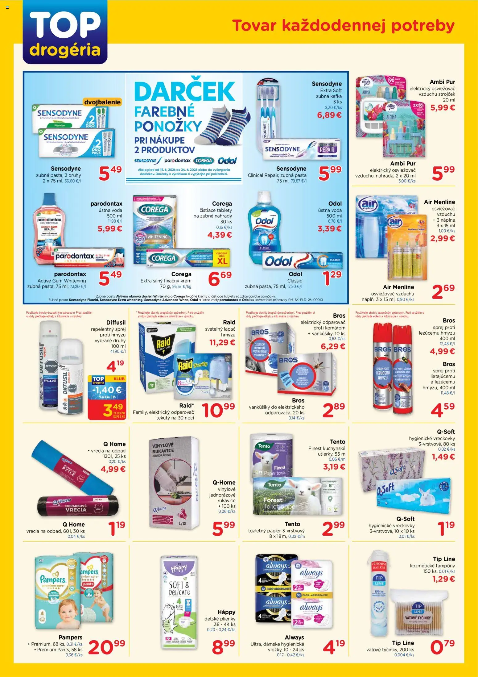 Nové TOP Drogéria akcie – leták je platný od 15.06.2026 | Strana: 2 | Produkty: Zubná kefka, Osviežovač vzduchu, Strojček, Pampers