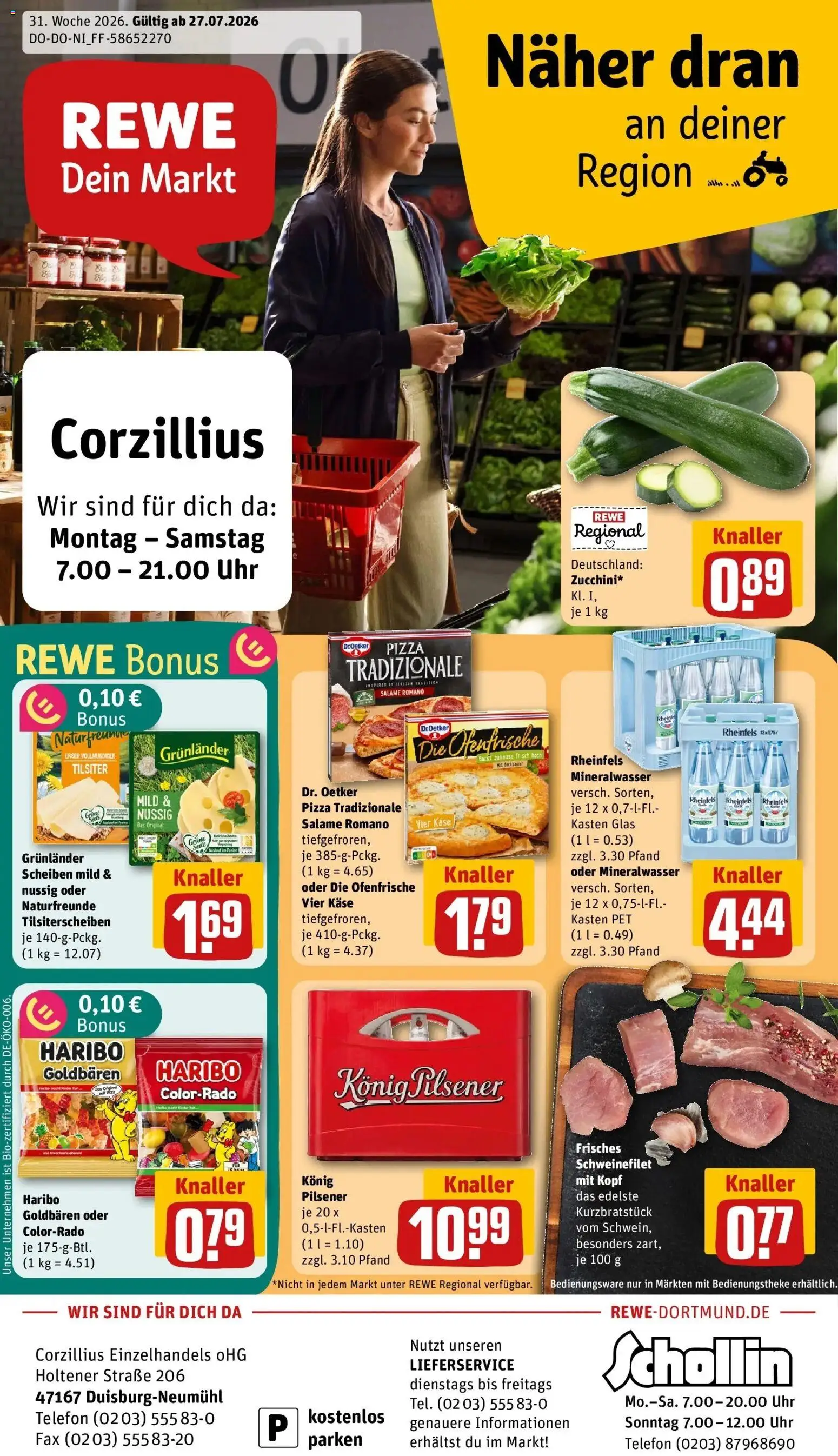 Rewe Prospekt Duisburg – gültig ab 27.07.2026 | Seite: 1 | Produkte: Käse, Mineralwasser, Schweinefilet, Grunlander