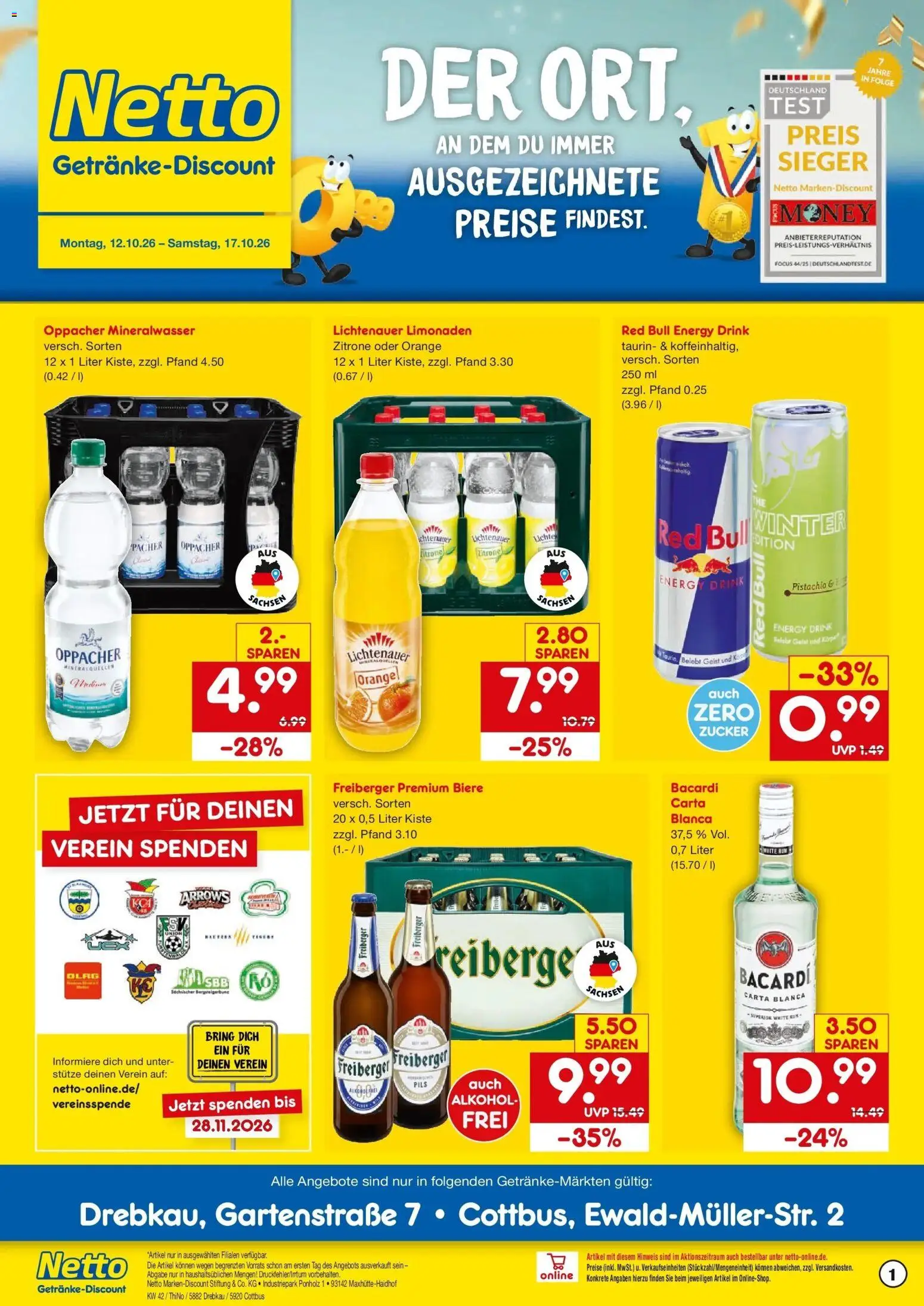 Netto Marken-Discount Prospekt Cottbus – gültig ab 12.10.2026 | Seite: 1 | Produkte: Energy, Pils, Alkohol, Zitrone