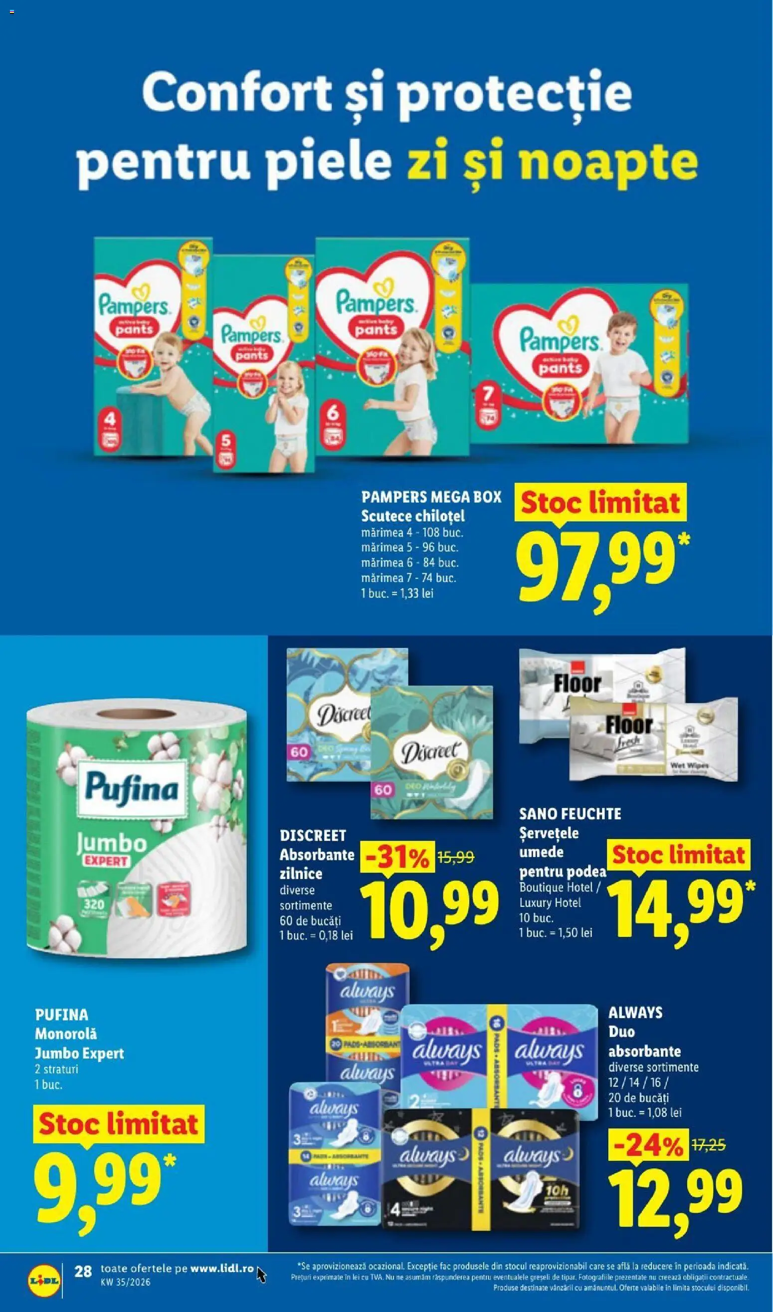 Noul catalog Lidl – valabil de la 24.08.2026 | Pagină: 28 | Produse: Pampers, Șervețele umede, Absorbante, Scutece