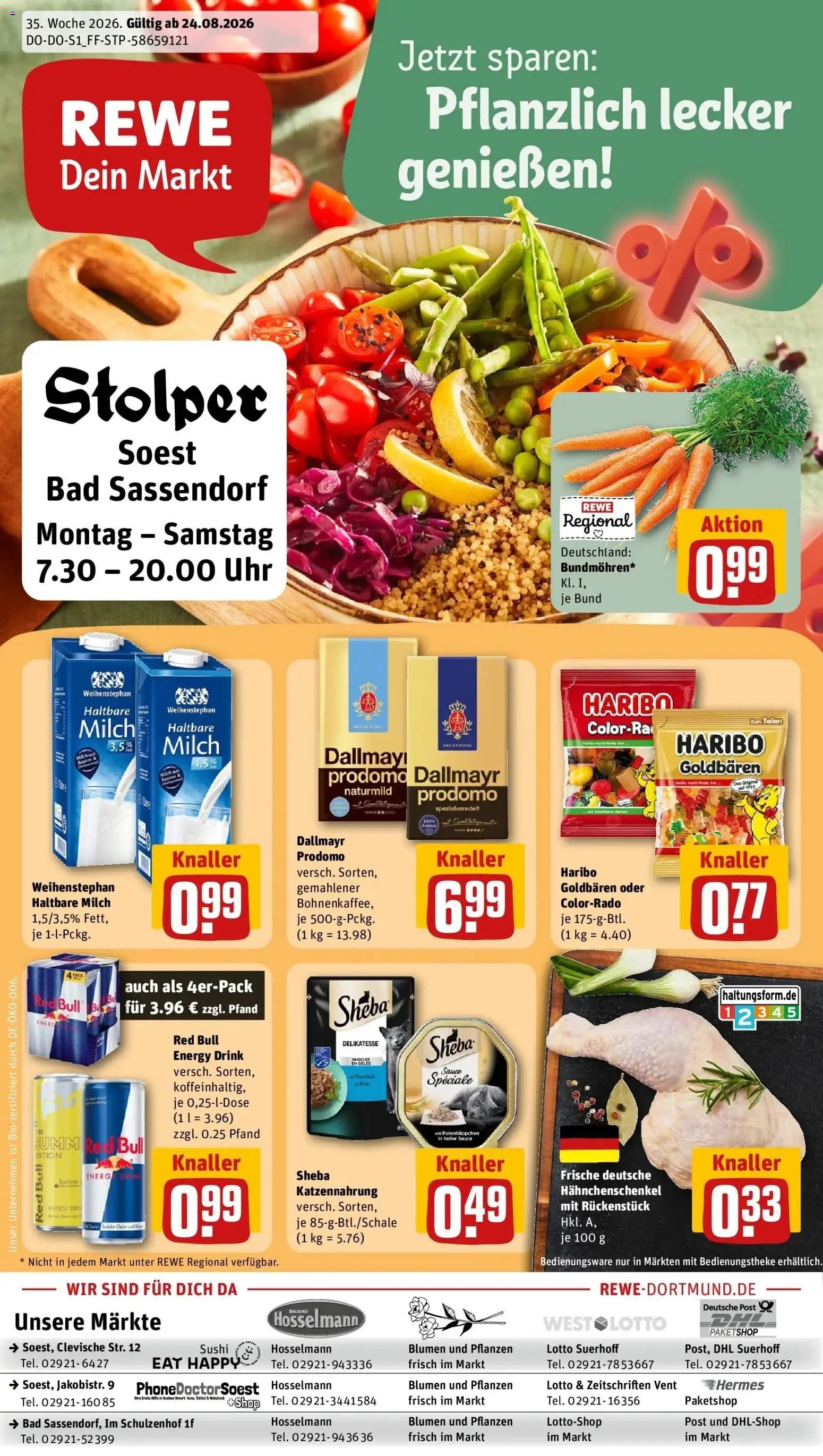 REWE Prospekt ab 24.08.2026 zum Blättern » Angebote | Seite: 1 | Produkte: Red bull, Hahnchenschenkel, Thunfisch, Bad