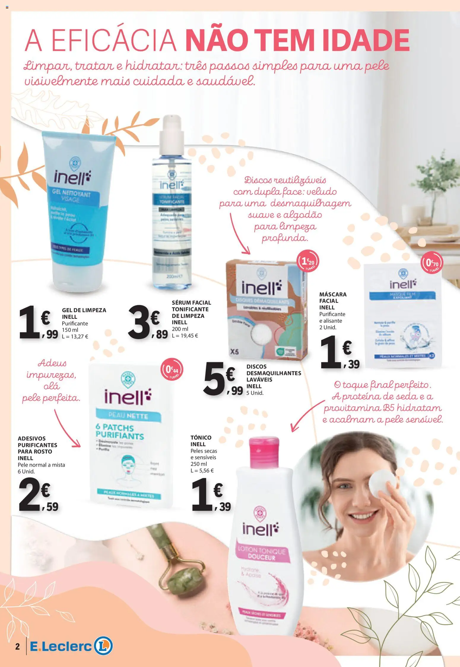 E.Leclerc folheto da Nossa Marca │ válido de 01.05.2026 | Página: 2 | Produtos: Algodão, Sérum, Gel de limpeza, Proteina