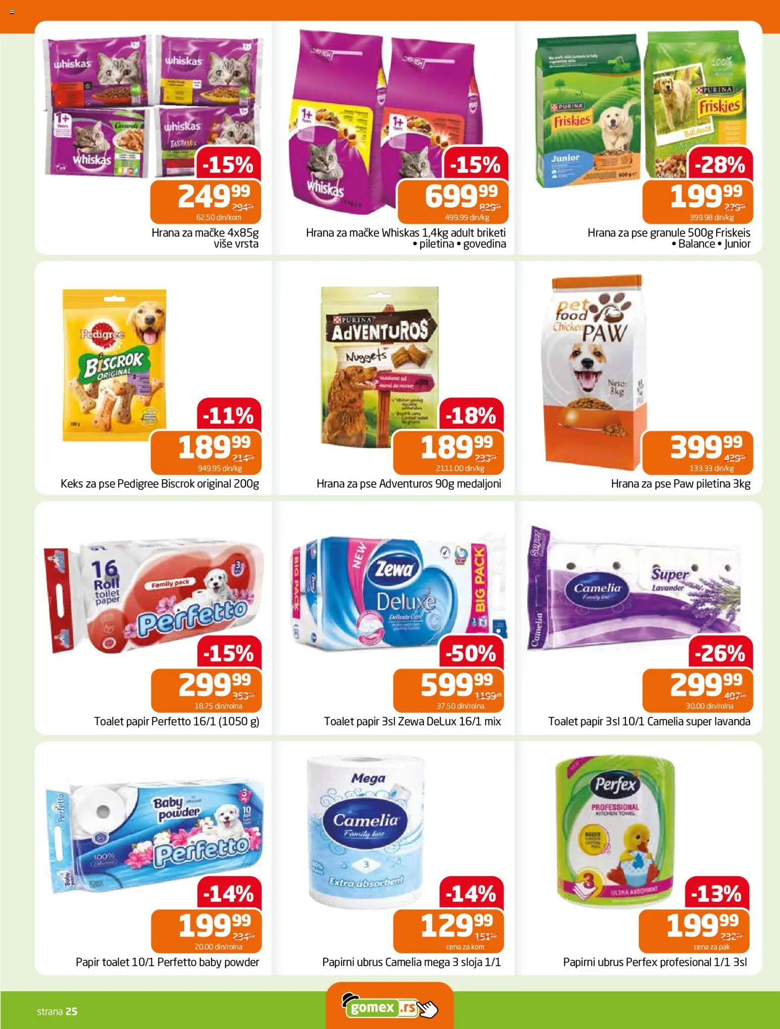 Gomex katalog - važi od 27.05.2026 | Strana: 25 | Proizvode: Toalet papir, Ubrus, Hrana za mačke, Piletina