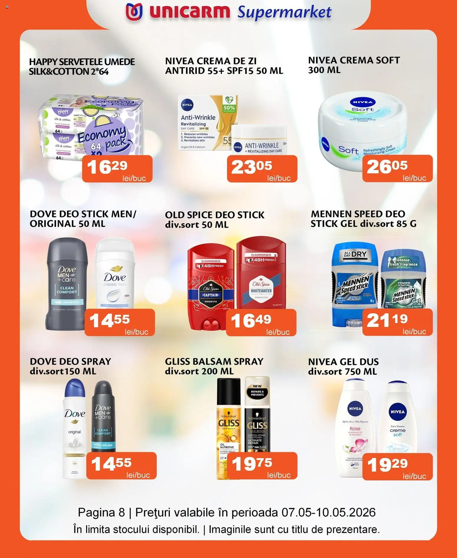 Noul catalog Unicarm – valabil de la 07.05.2026 | Pagină: 8 | Produse: Pomelo, Duș, Cremă, Șervețele umede