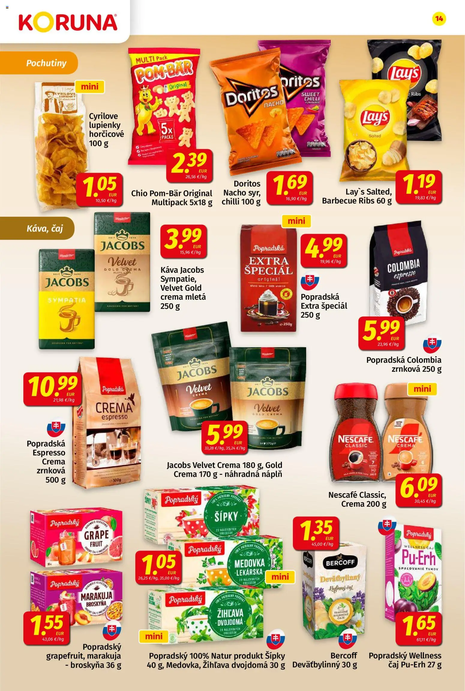 Nové Koruna akcie – leták je platný od 08.05.2026 | Strana: 14 | Produkty: Jacobs Velvet, Káva, Čaj, Chilli