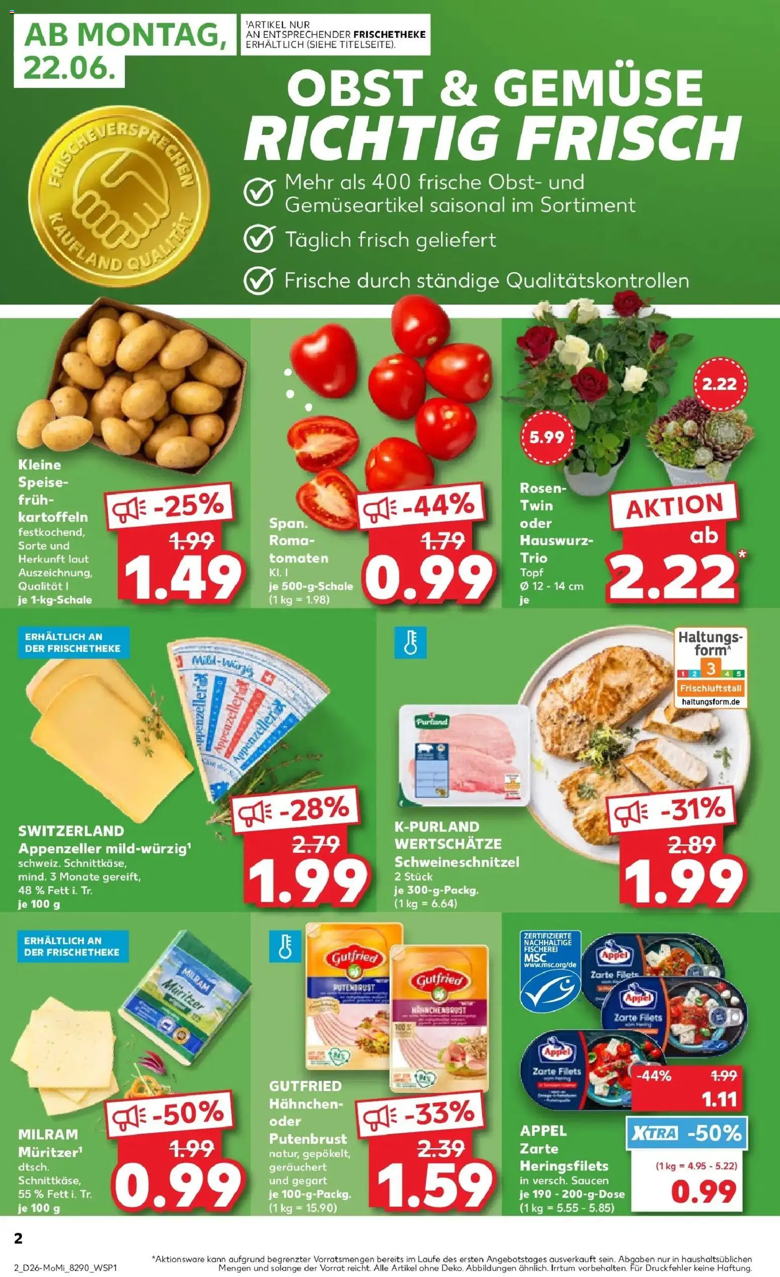 Kaufland Prospekt Lippstadt – gültig ab 22.06.2026 | Seite: 2 | Produkte: Hahnchen, Schnitzel, Obst, Milram