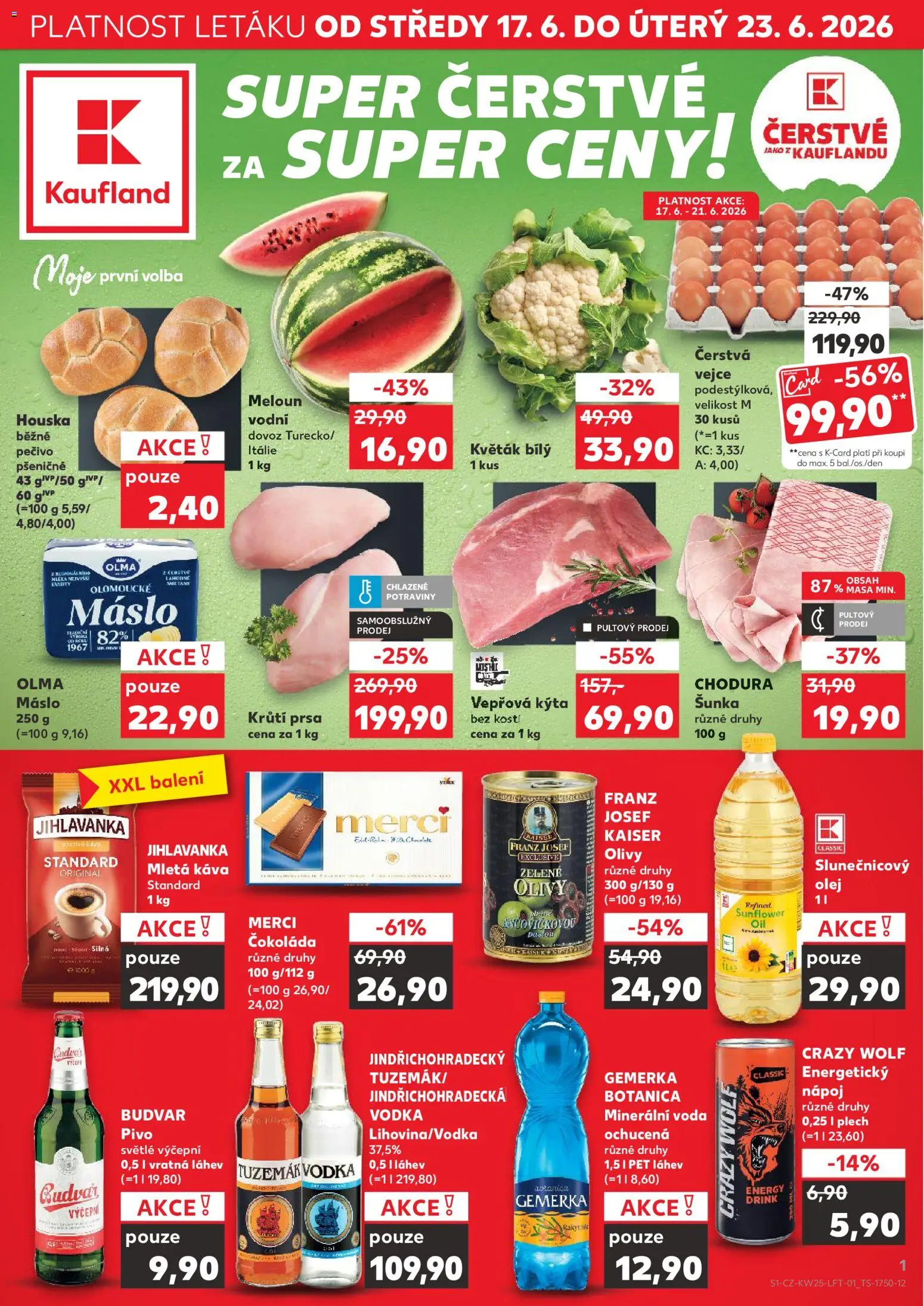 Kaufland leták - Kolín od 17.06.2026 | Strana: 1 | Produkty: Budvar, Merci, Káva Standard, Olivy