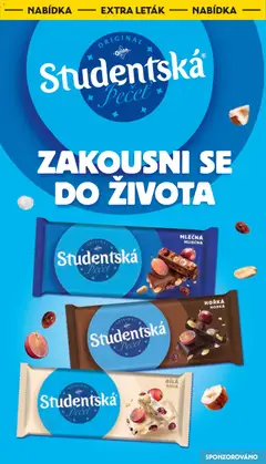 Náhled letáku Studentská Pečeť Bílá, Studentská Pečeť Bílá chocolate bar with white chocolate, grapes and nuts. od 14.10.2026 | Strana: 8 | Produkty: Studentská pečeť, Orion Studentská pečeť
