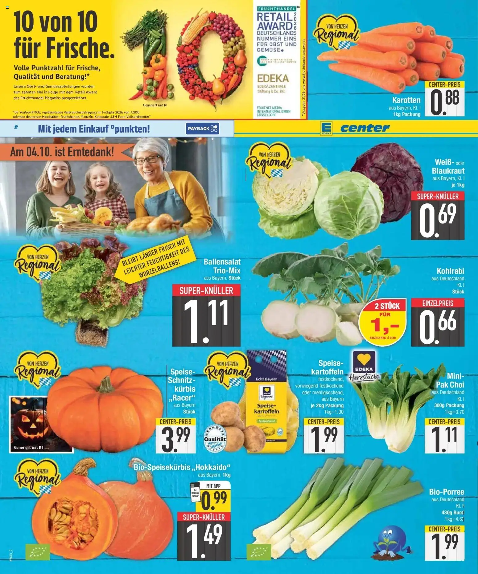 E center Prospekt München (ab 28.09.2026) zum Blättern | Seite: 2 | Produkte: Kohlrabi, Kartoffeln, Obst, Kürbis
