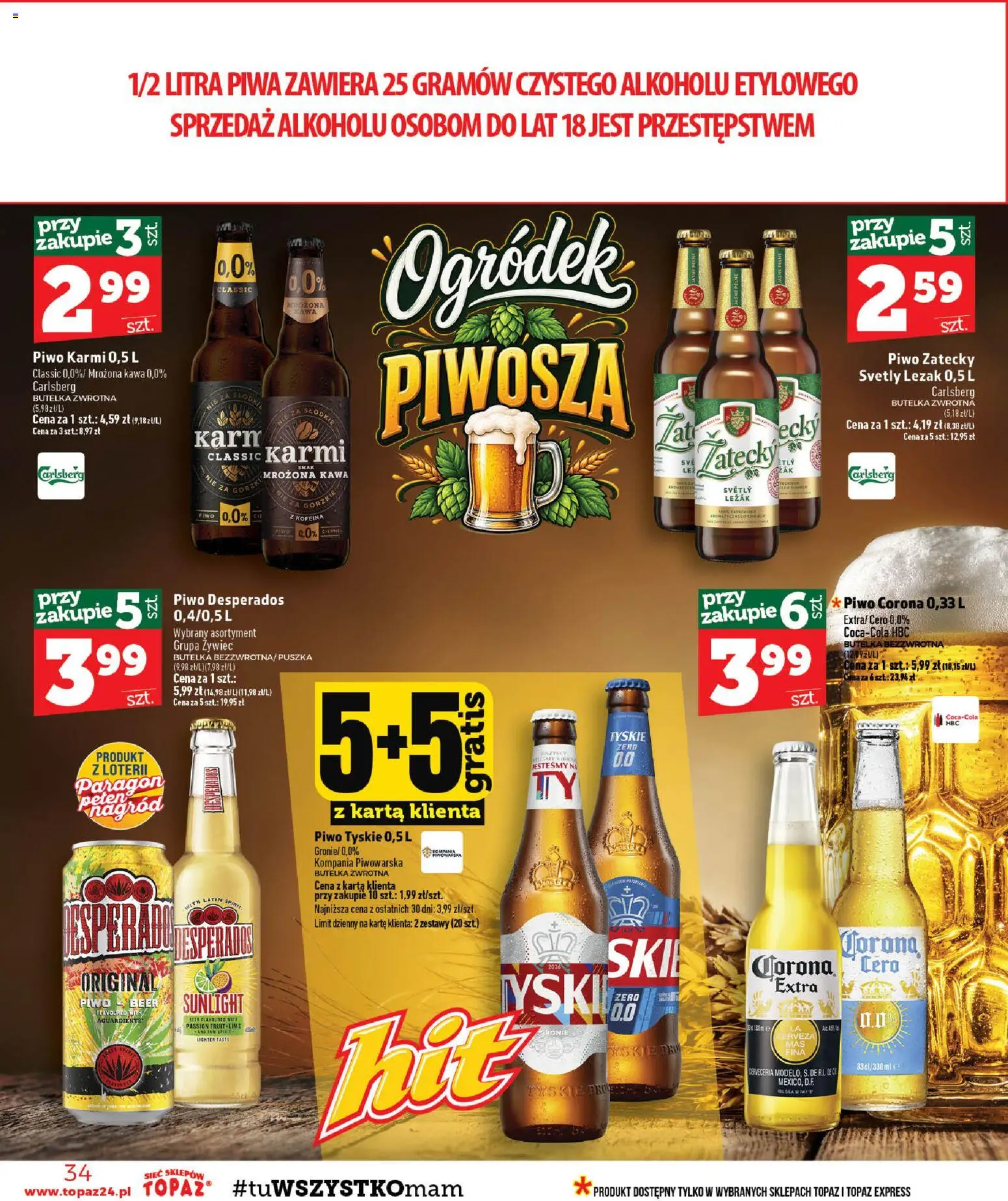 Topaz gazetka - MAZ od 17.09.2026 | Strona: 34 | Produkty: Piwo tyskie, Piwo Corona, Carlsberg, Piwo