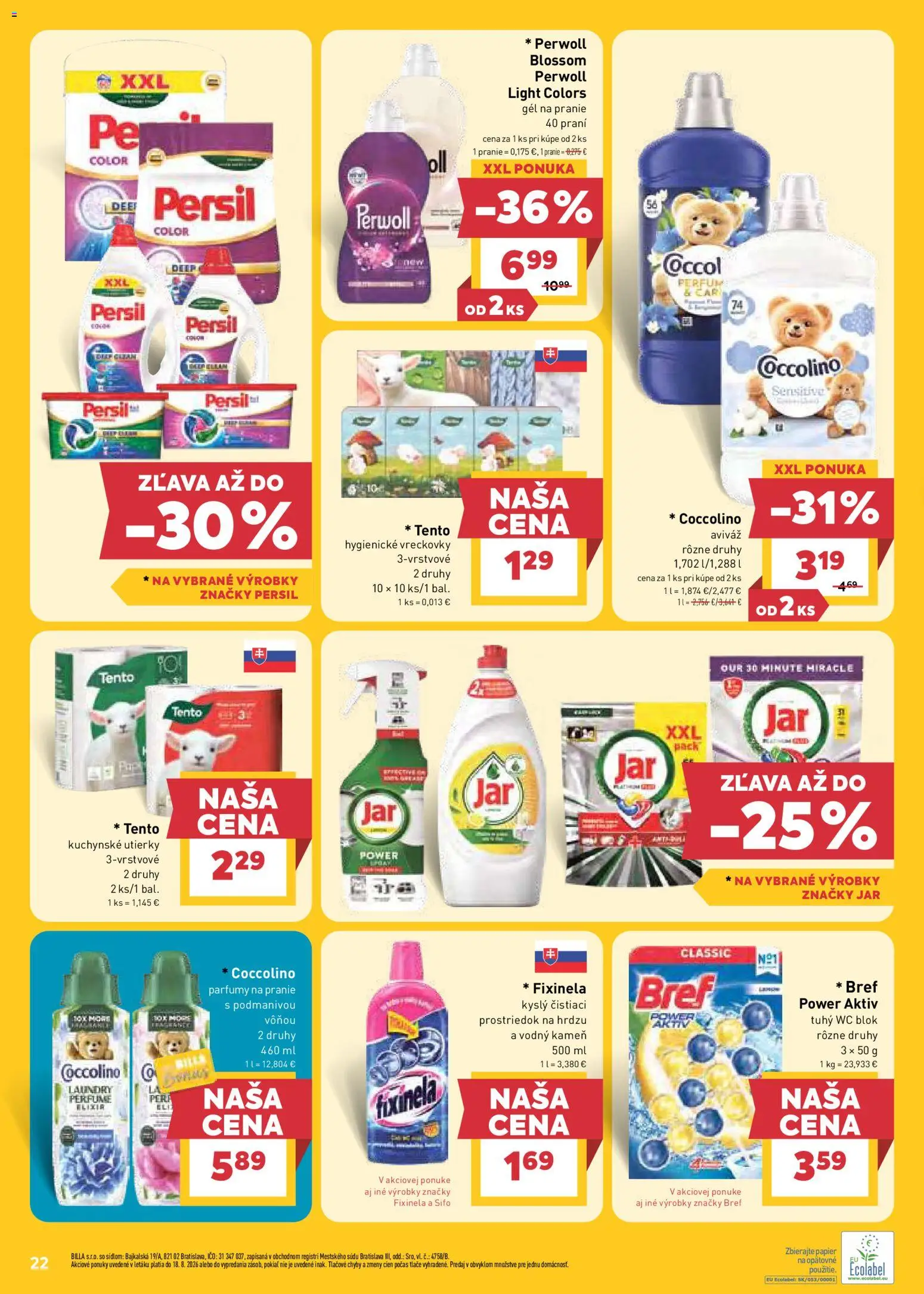 Nové Billa akcie – leták je platný od 12.08.2026 | Strana: 22 | Produkty: Kuchynské utierky, Wc blok, Utierky, Jar