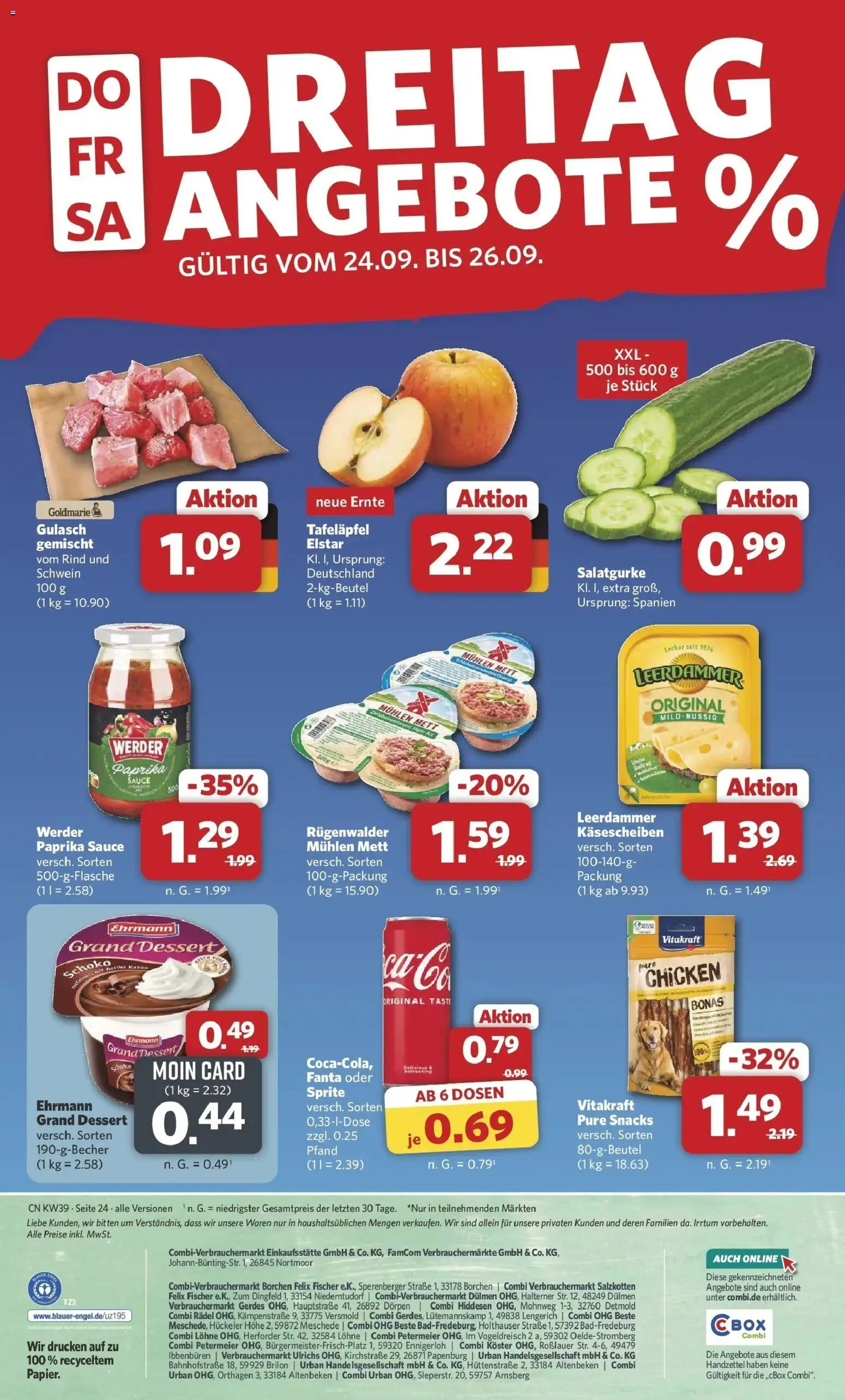 Combi Prospekt Twistringen – gültig ab 21.09.2026 | Seite: 26 | Produkte: Fanta, Sprite, Ehrmann grand dessert, Gulasch