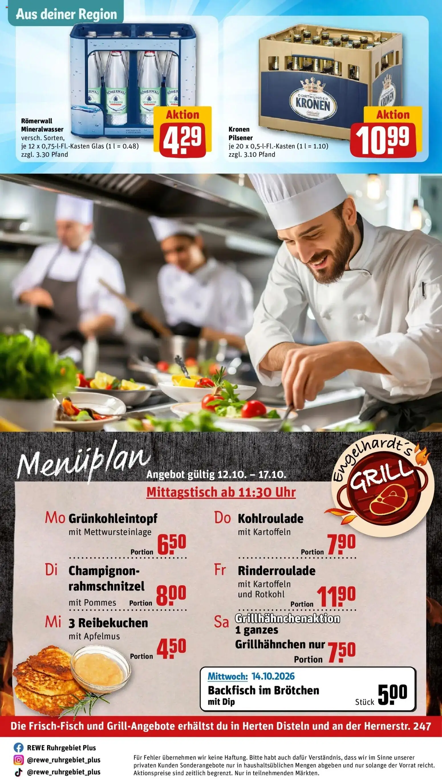 REWE Prospekt ab 12.10.2026 zum Blättern » Angebote | Seite: 32 | Produkte: Grill, Pommes, Mineralwasser, Apfelmus