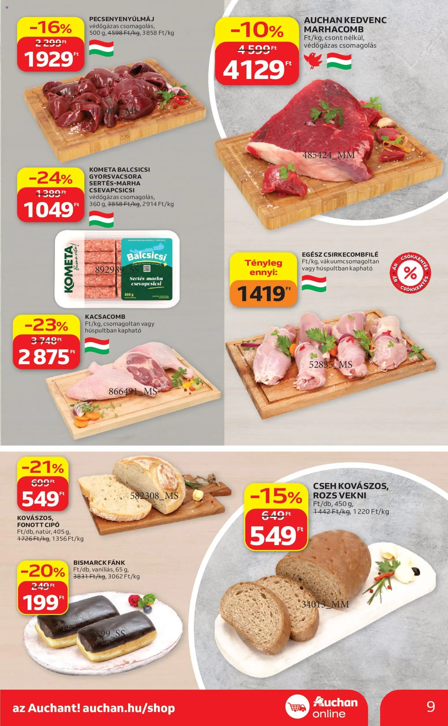 Auchan akciós ujság - amely érvényes a következő dátumtól: 2026.10.01. | Oldal: 9 | Termékek: Kacsacomb, Fánk, Kometa, Marhacomb