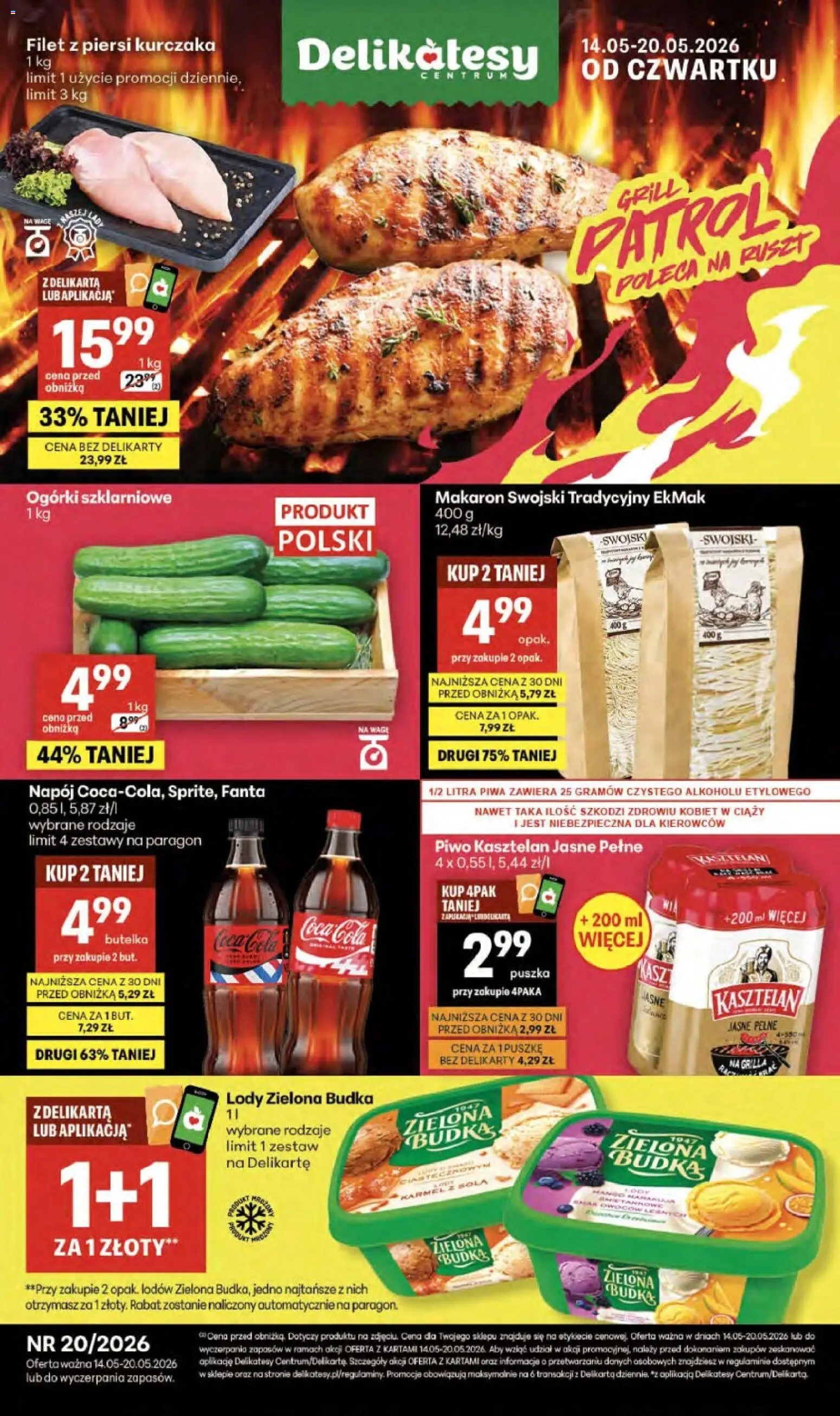 Delikatesy Centrum gazetka od 14.05.2026 | Strona: 1 | Produkty: Delikatesy, Filet z piersi kurczaka, Makaron, Lody