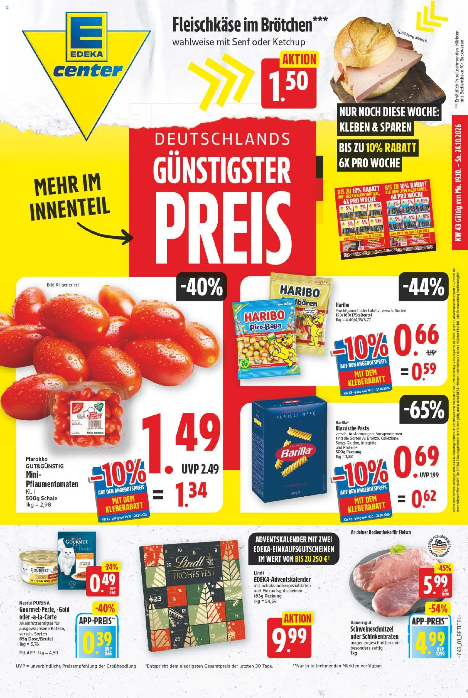 E center Prospekt – gültig ab 19.10.2026 | Seite: 1 | Produkte: Haribo, Pasta, Ketchup, Fleisch