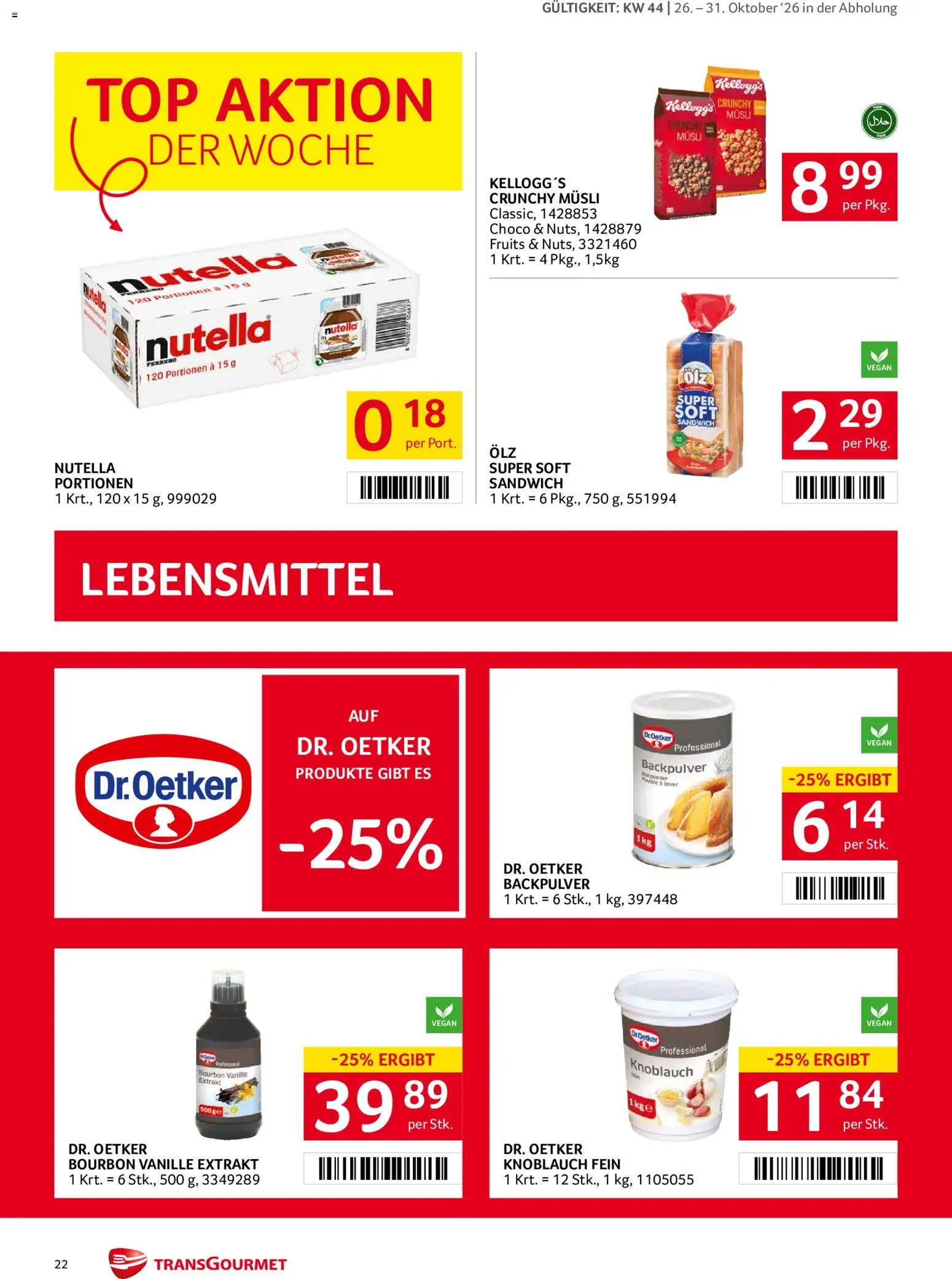 Transgourmet Abhol Aktion gültig ab 26.10.2026 | Seite: 22 | Produkte: Nutella, Vanille, Backpulver, Bourbon