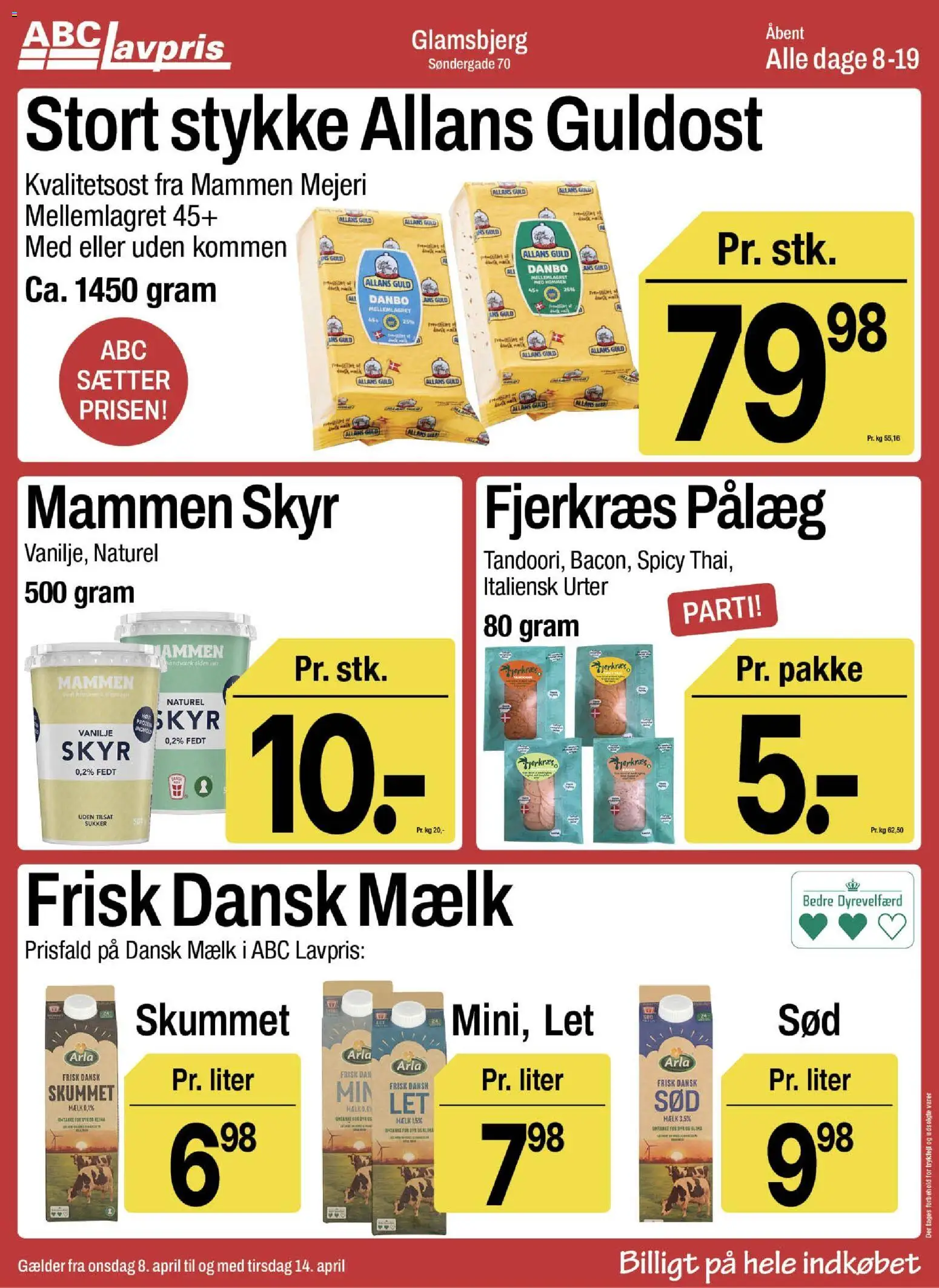 Abc Lavpris tilbudsavis – gyldig fra 08.04.2026 | Side: 1 | Produkter: Mælk, Skyr, Pålæg, Vanilje