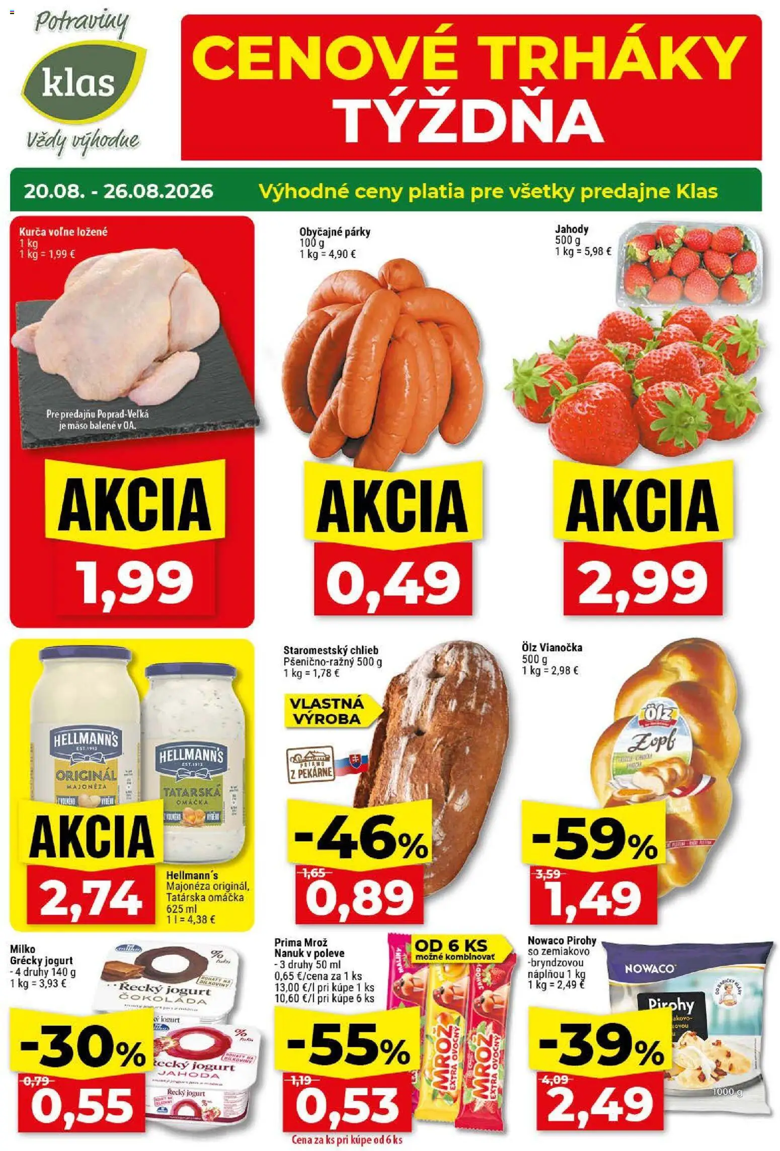 Nové Klas akcie – leták je platný od 20.08.2026 | Strana: 1 | Produkty: Grécky jogurt, Jahody, Omáčka, Párky
