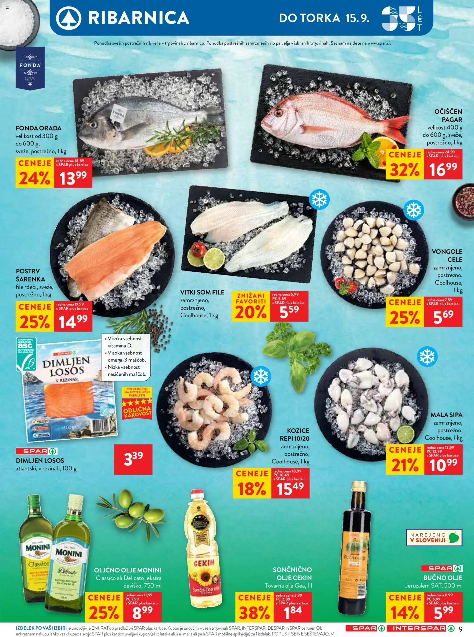 Novi Spar katalog ponudbe – veljaven od 09.09.2026 | Stran: 11 | Izdelki: Kozice, Bučno olje, Losos, Orada