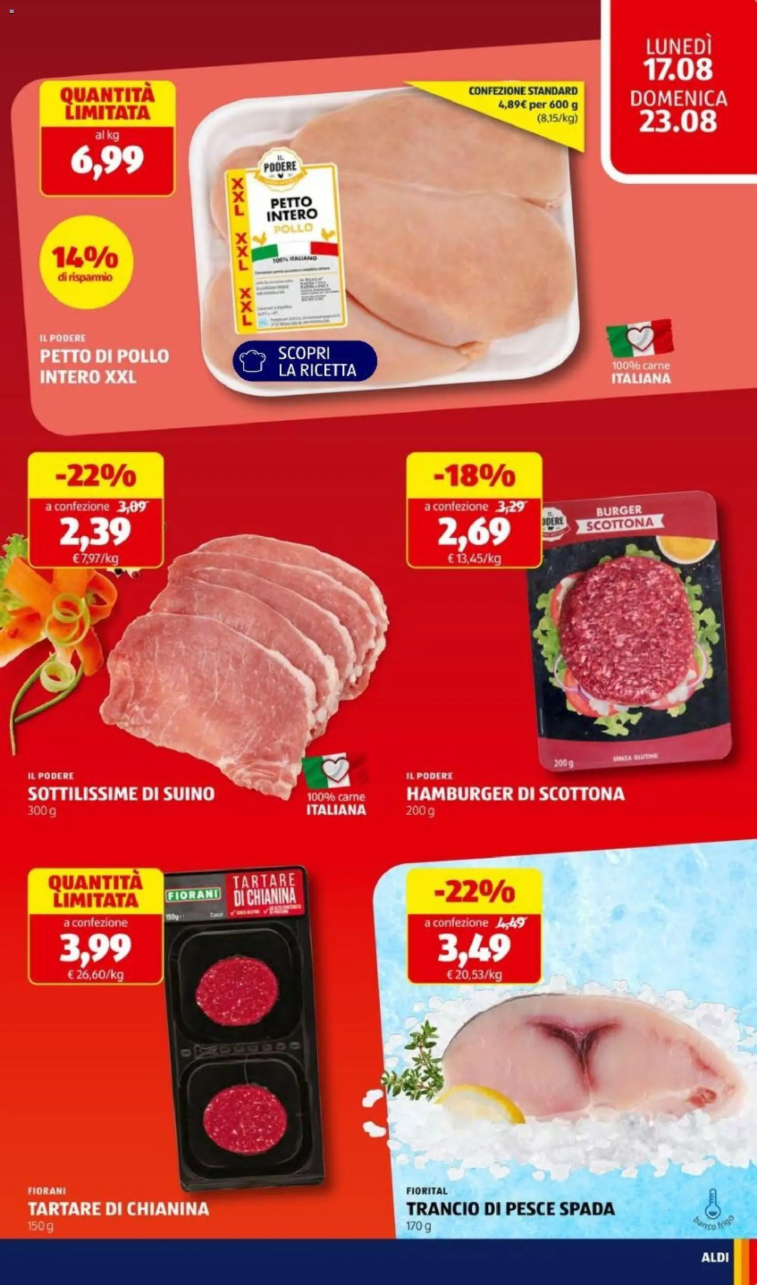 Volantino Aldi del 17/08/2026 | Pagina: 13 | Prodotti: Pollo, Pesce, Carne, Pesce spada