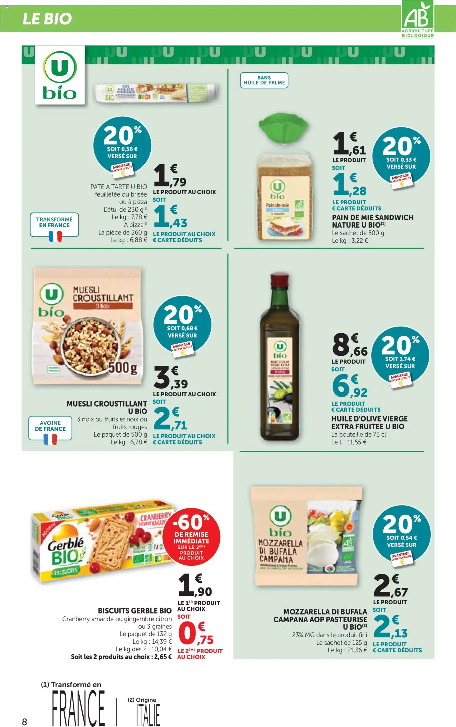 {H1} | Page: 8 | Produits: Huile d'olive vierge, Sandwich, Mozzarella, Biscuits