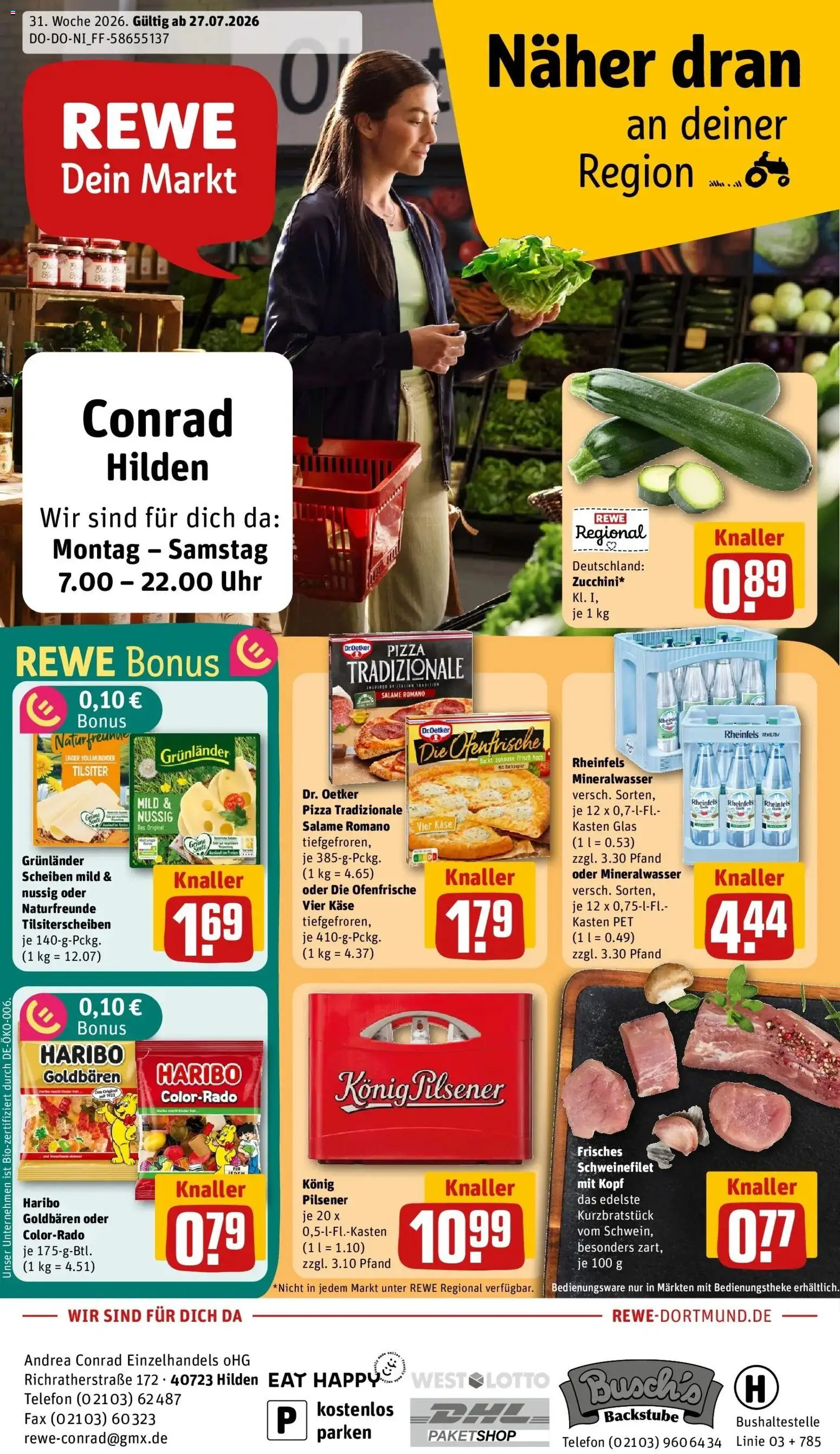 Rewe Prospekt Hilden – gültig ab 27.07.2026 | Seite: 1 | Produkte: Haribo, Ofenfrische, Schweinefilet, Telefon