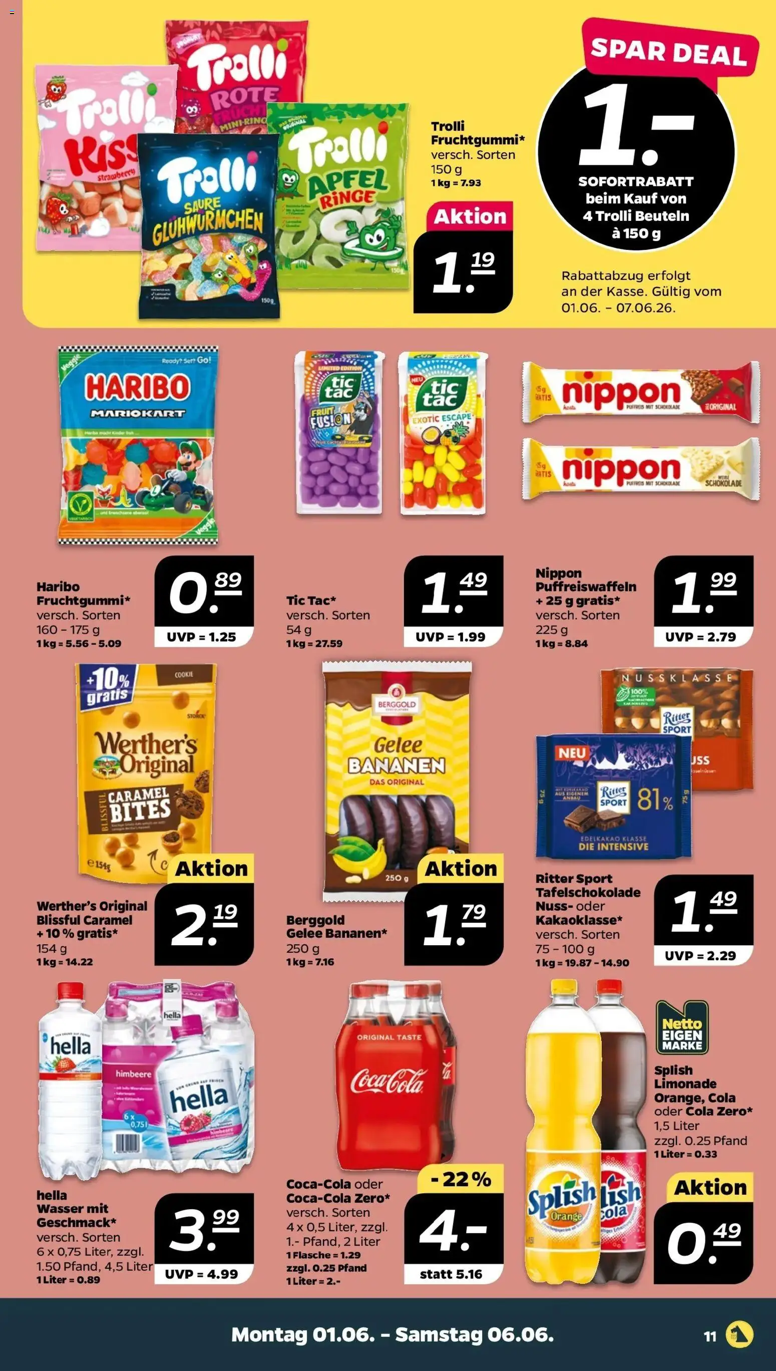 Netto Prospekt – gültig ab 01.06.2026 | Seite: 11 | Produkte: Haribo, Bananen, Wasser, Hella